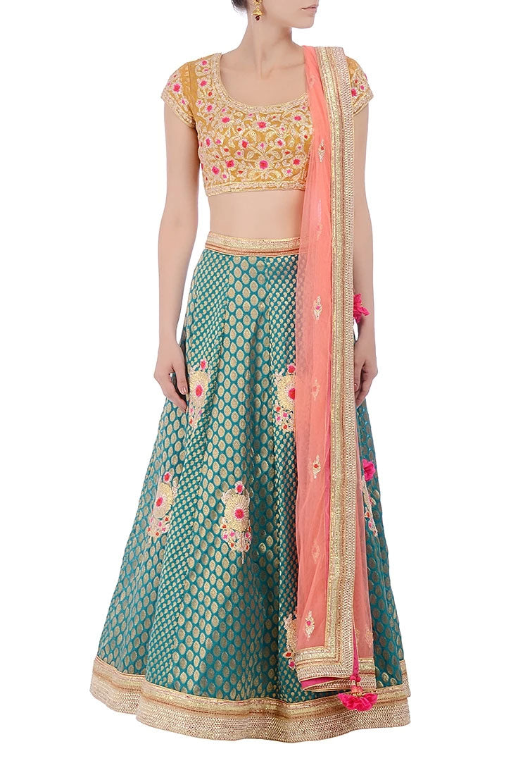 Mustard, green & peachy pink embroidered lehenga set