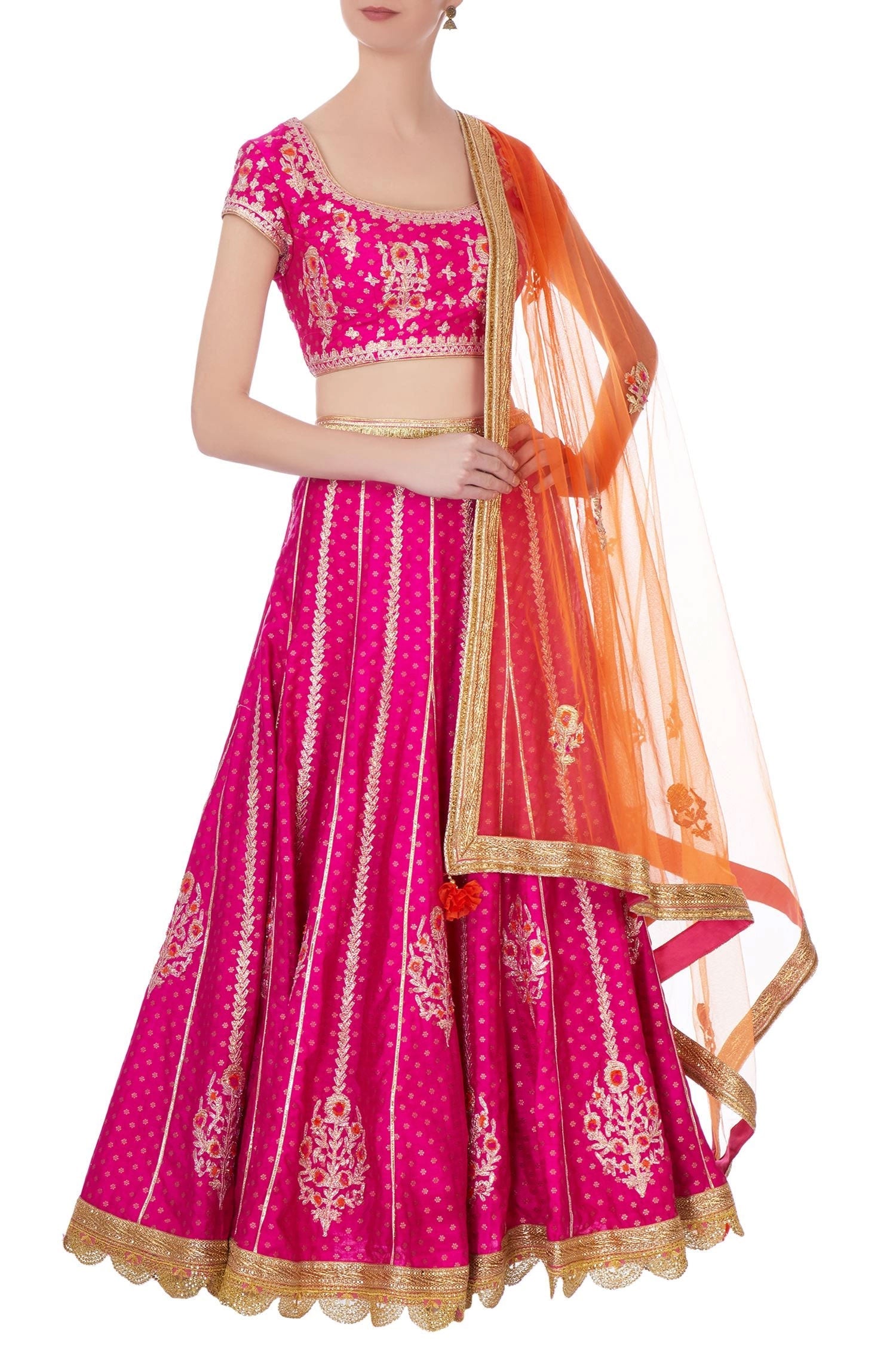Pink and orange gota thread embroidered lehenga set