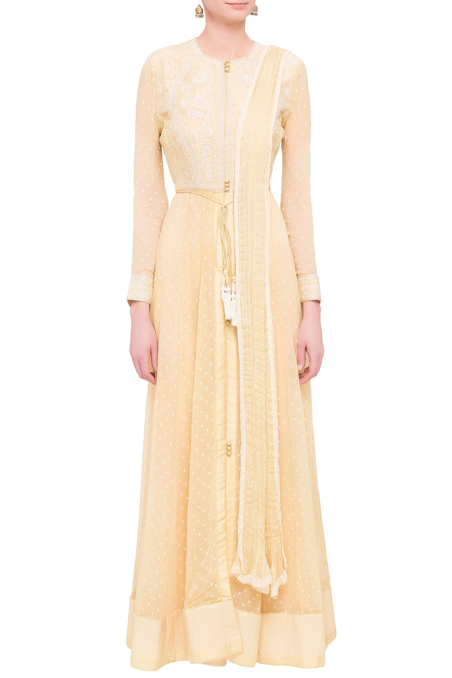 Beige raw silk and georgette thread work anarkali set