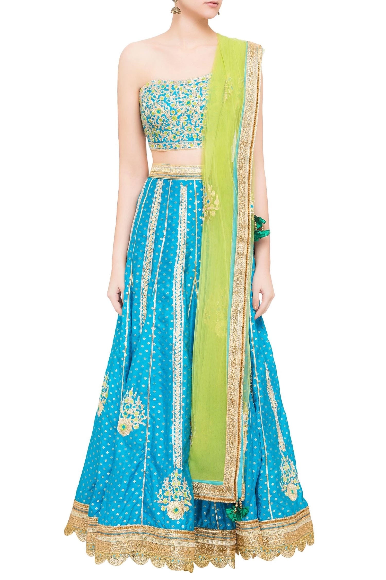 Blue & green brocade gota work lehenga set
