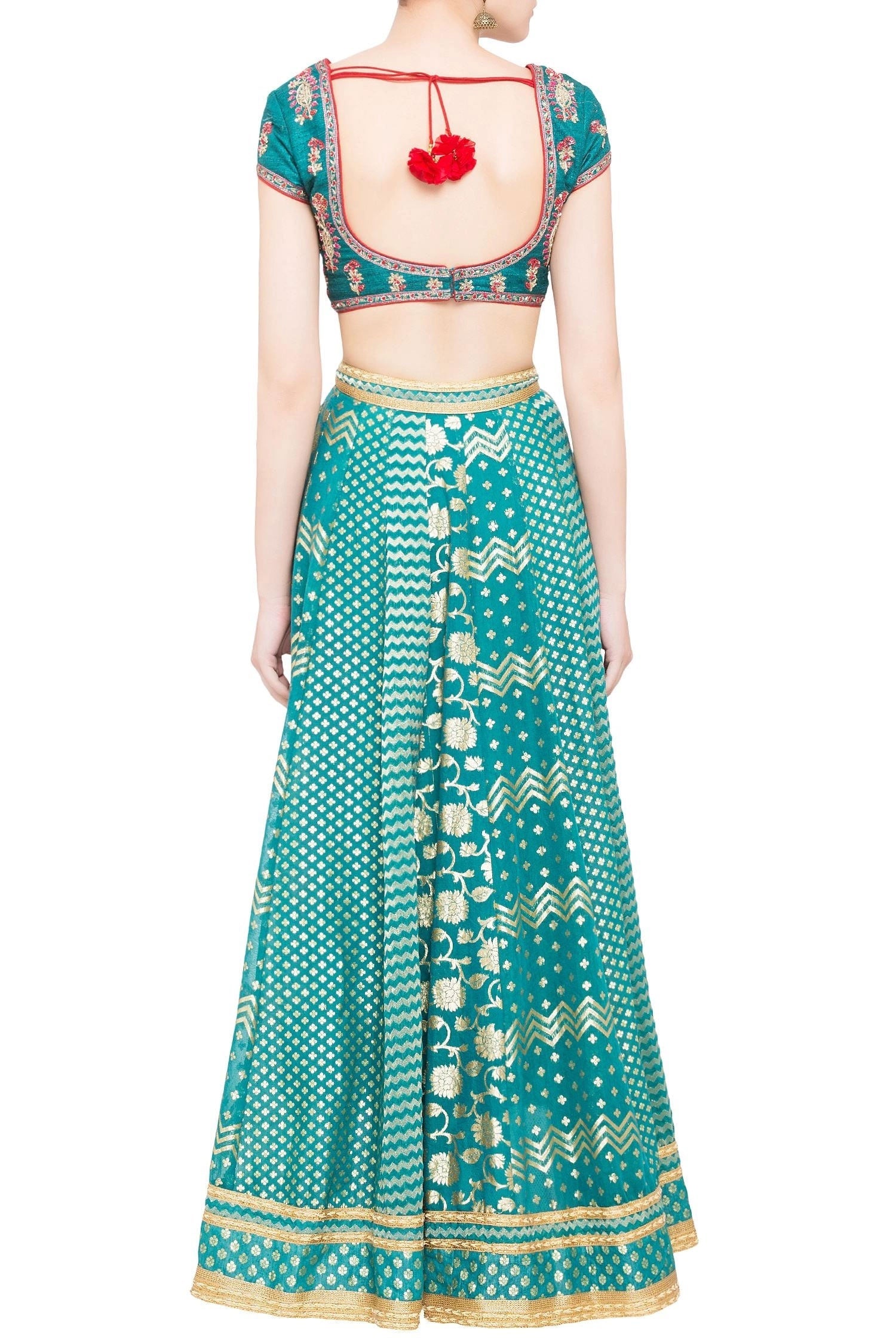 Teal blue chanderi brocade zardozi work lehenga set with pink dupatta