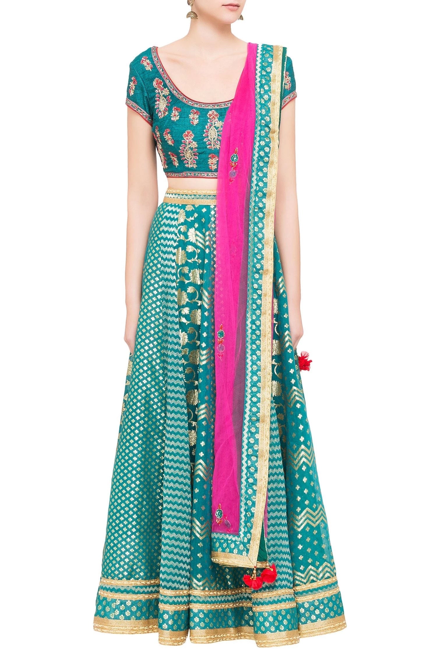 Teal blue chanderi brocade zardozi work lehenga set with pink dupatta