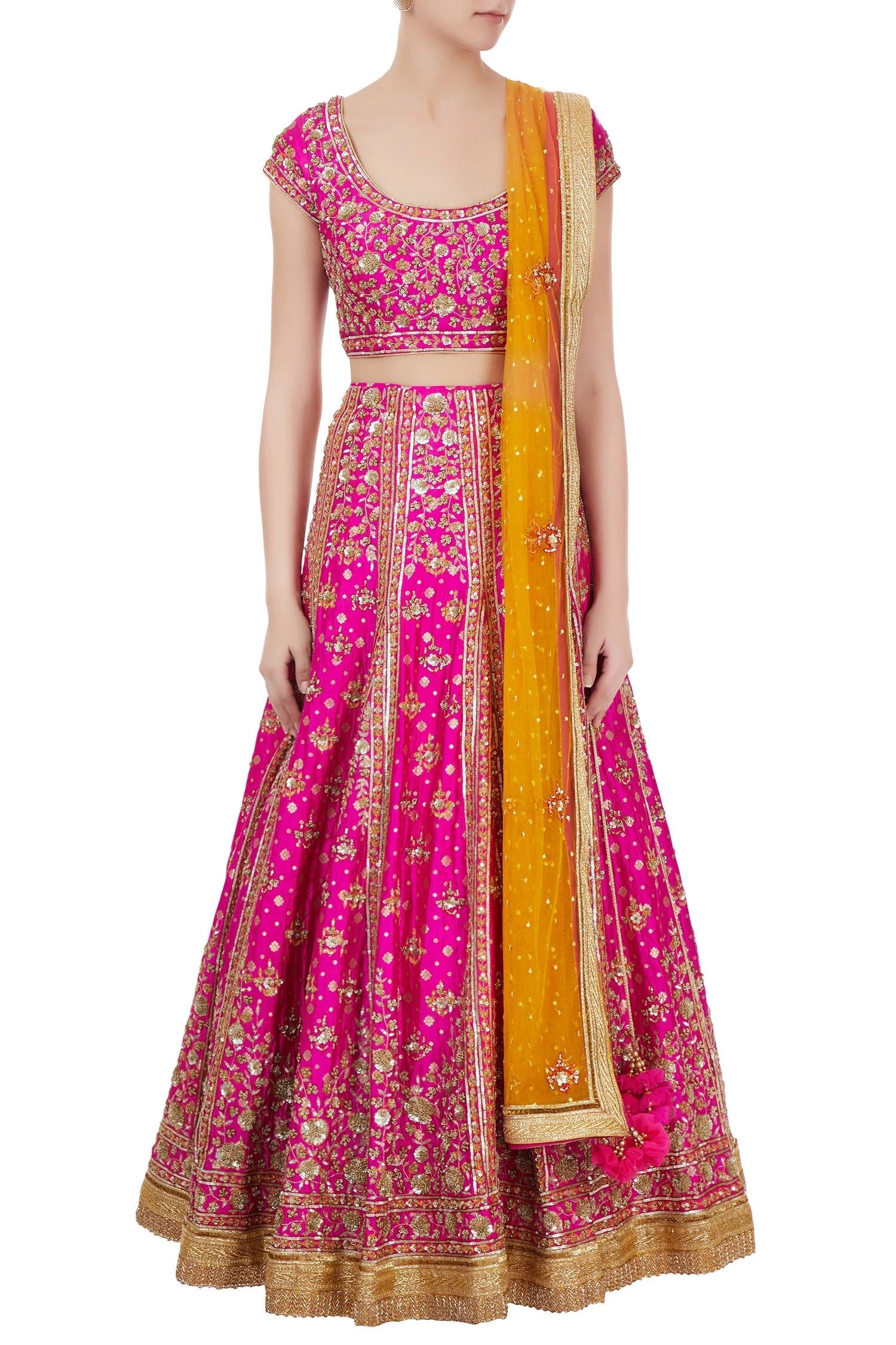 Pink sequin embroidered brocade bridal lehenga set