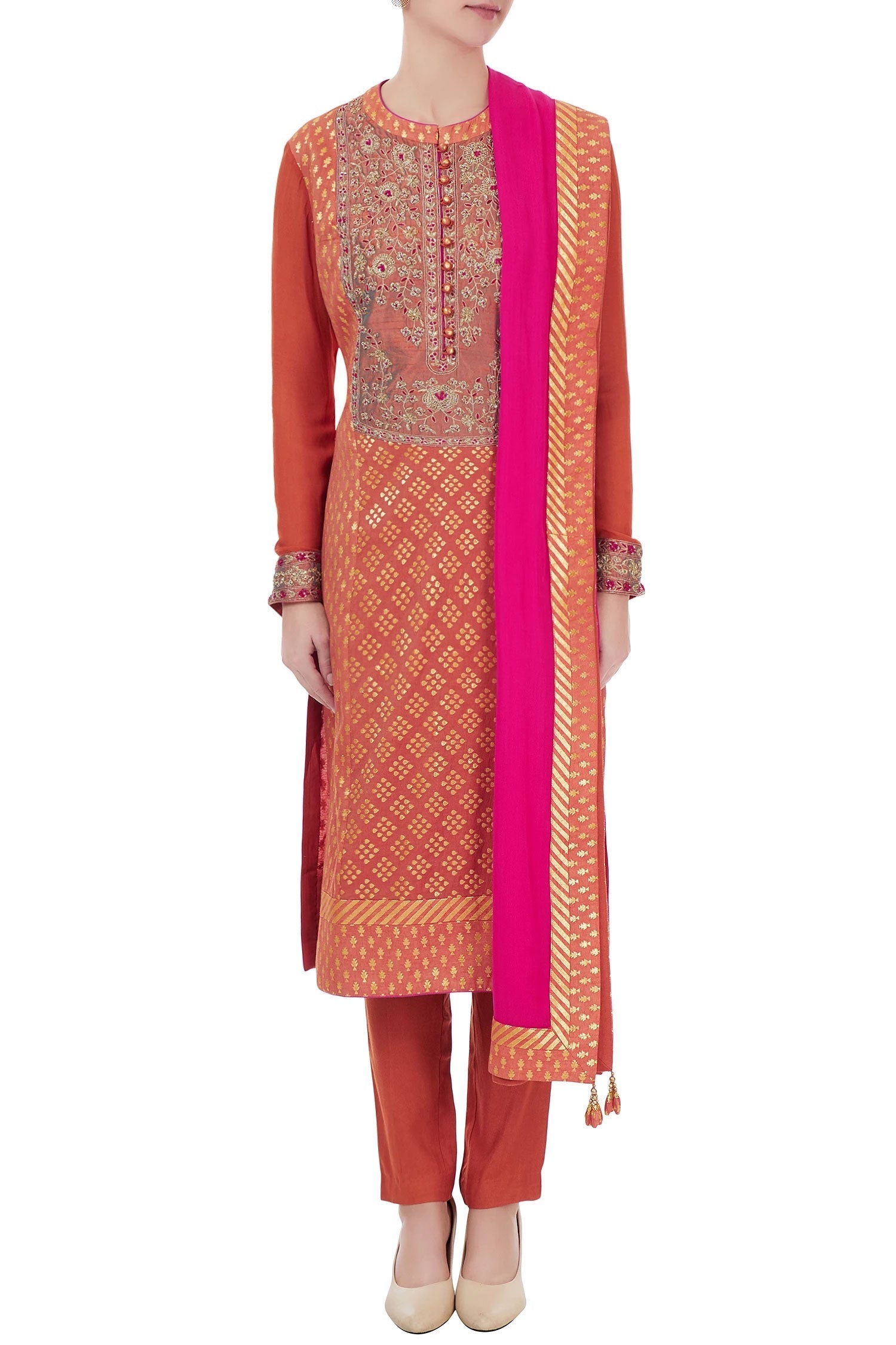 Burnt orange zardozi chanderi brocade kurta set