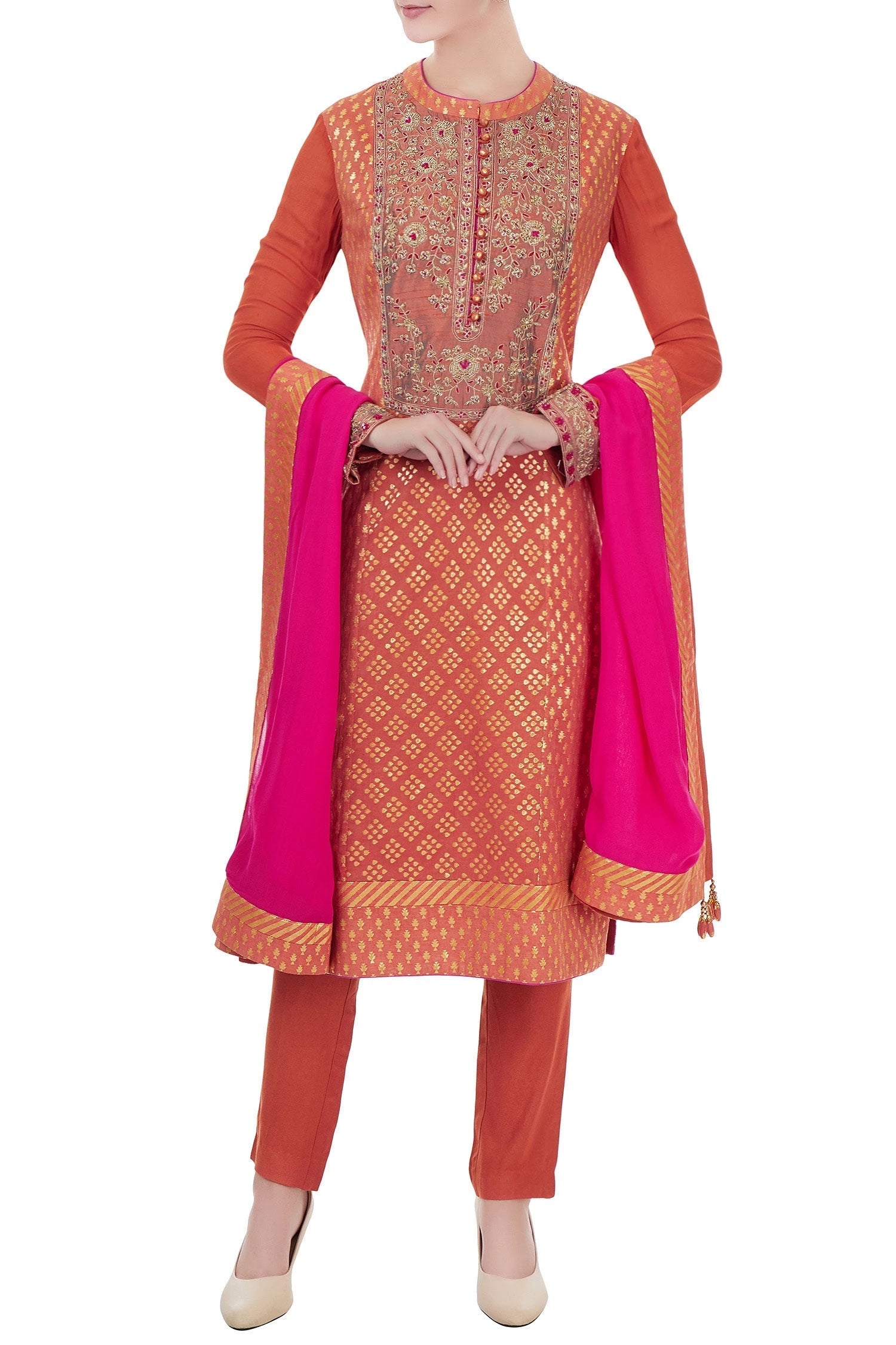 Burnt orange zardozi chanderi brocade kurta set