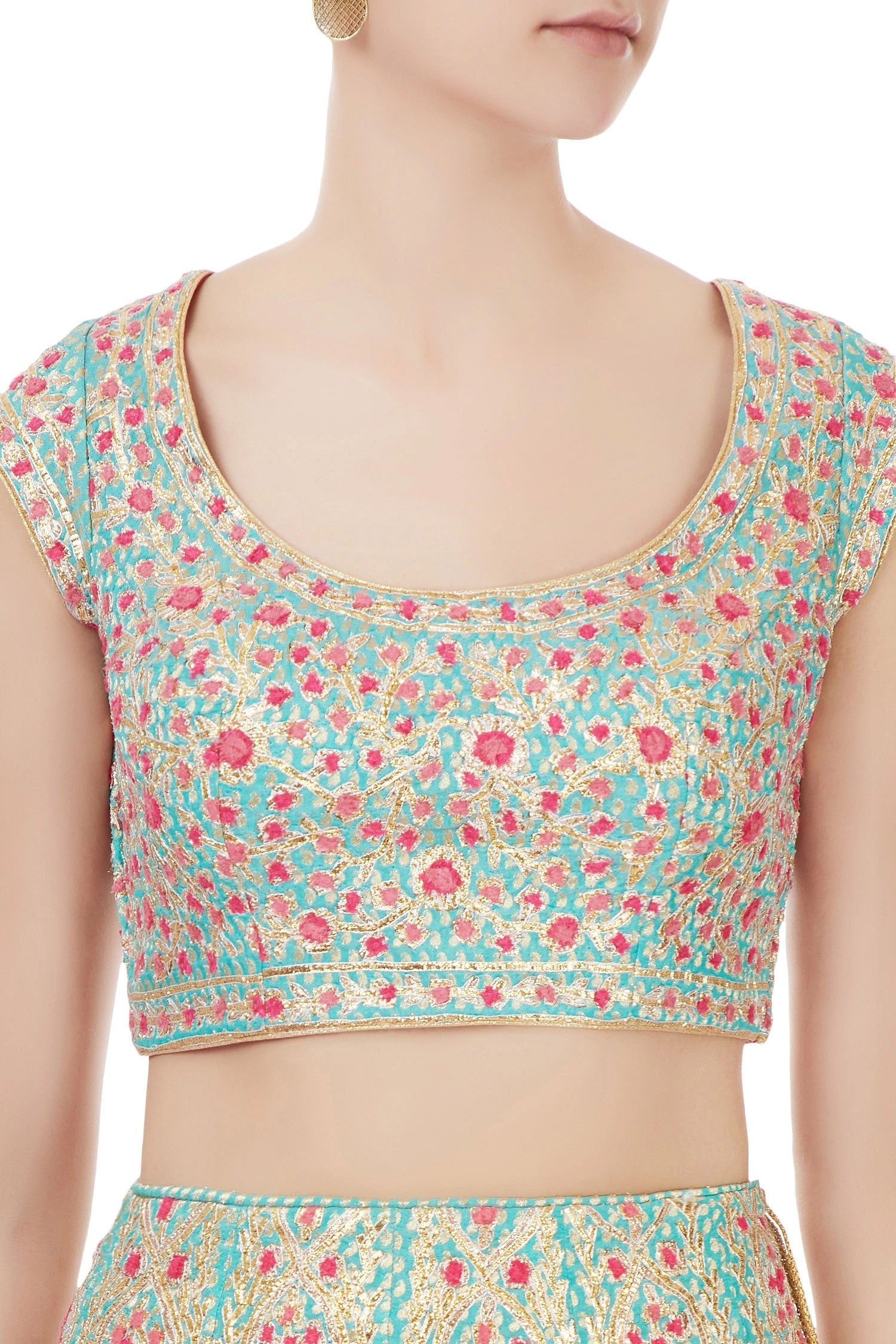 Turquoise blue raw silk gota embroidered lehenga set