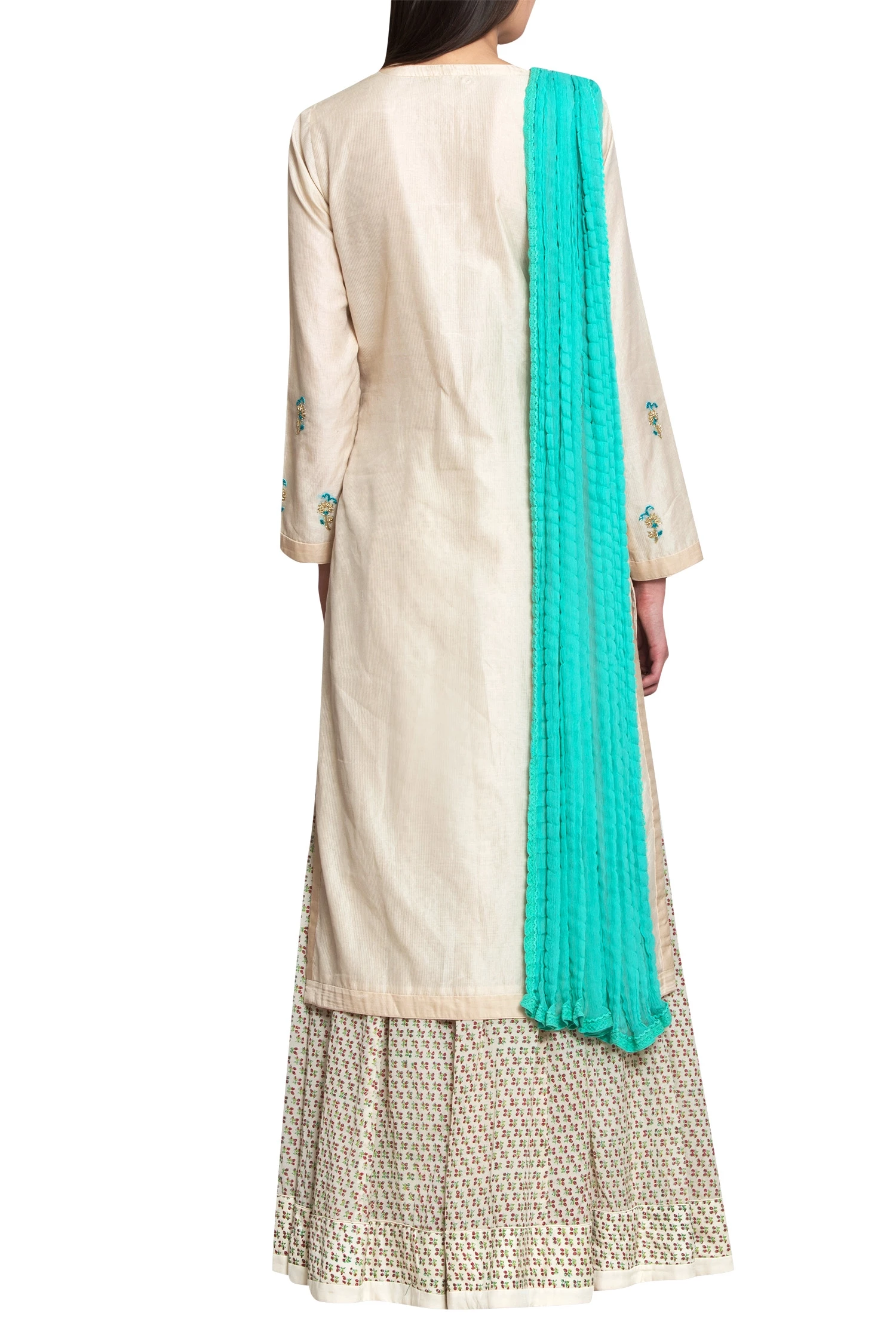 Off white blue chanderi and block printed silk work zardozi kurta with lehenga dupatta