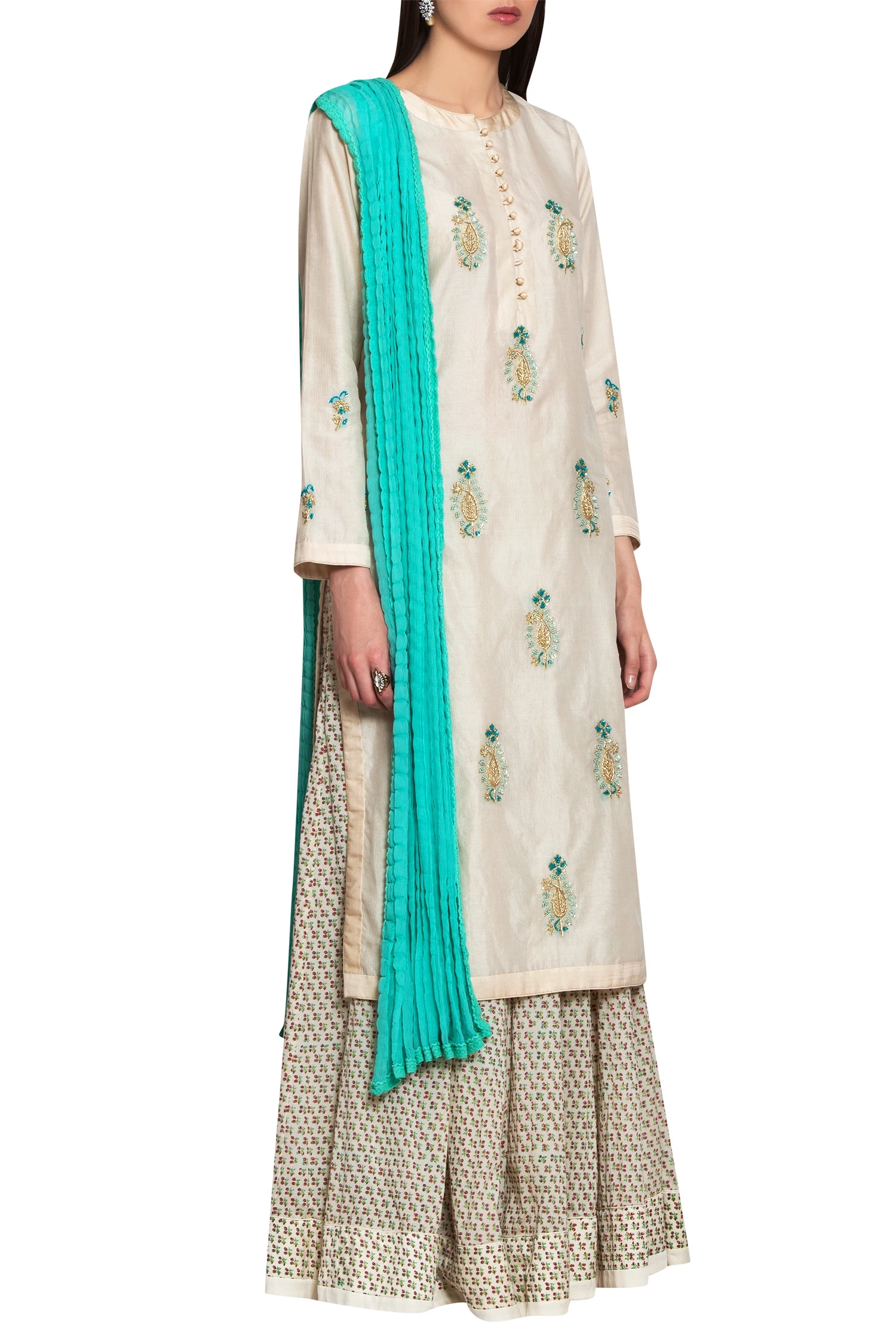 Off white blue chanderi and block printed silk work zardozi kurta with lehenga dupatta