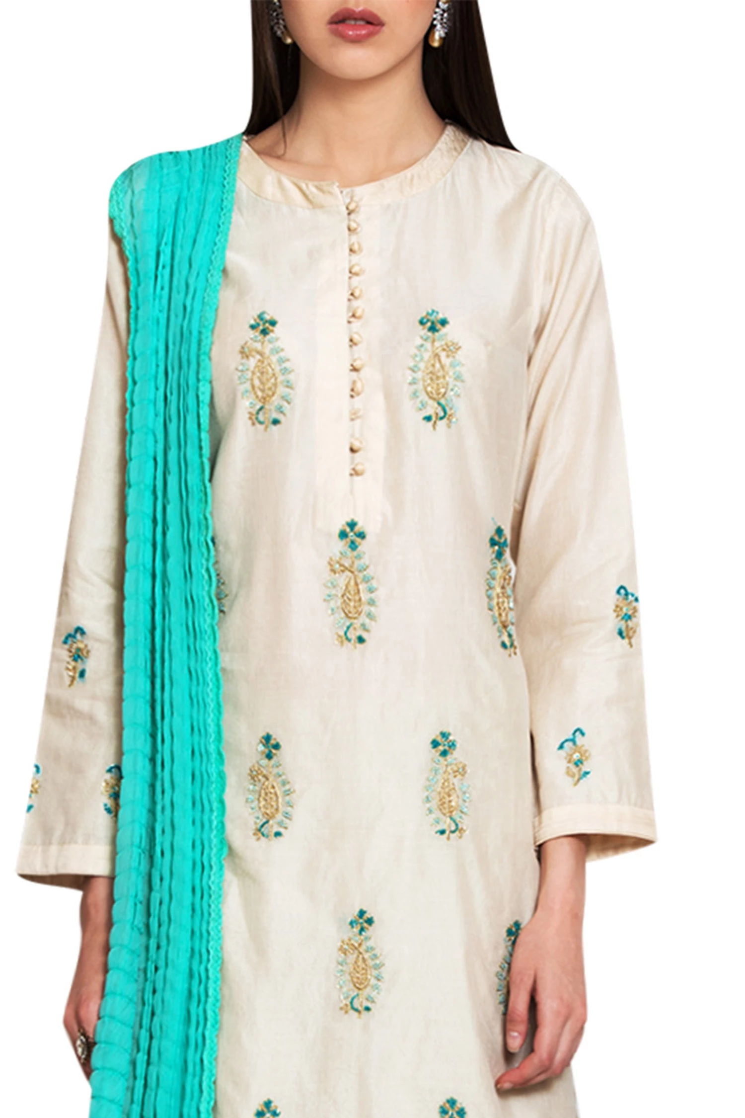 Off white blue chanderi and block printed silk work zardozi kurta with lehenga dupatta