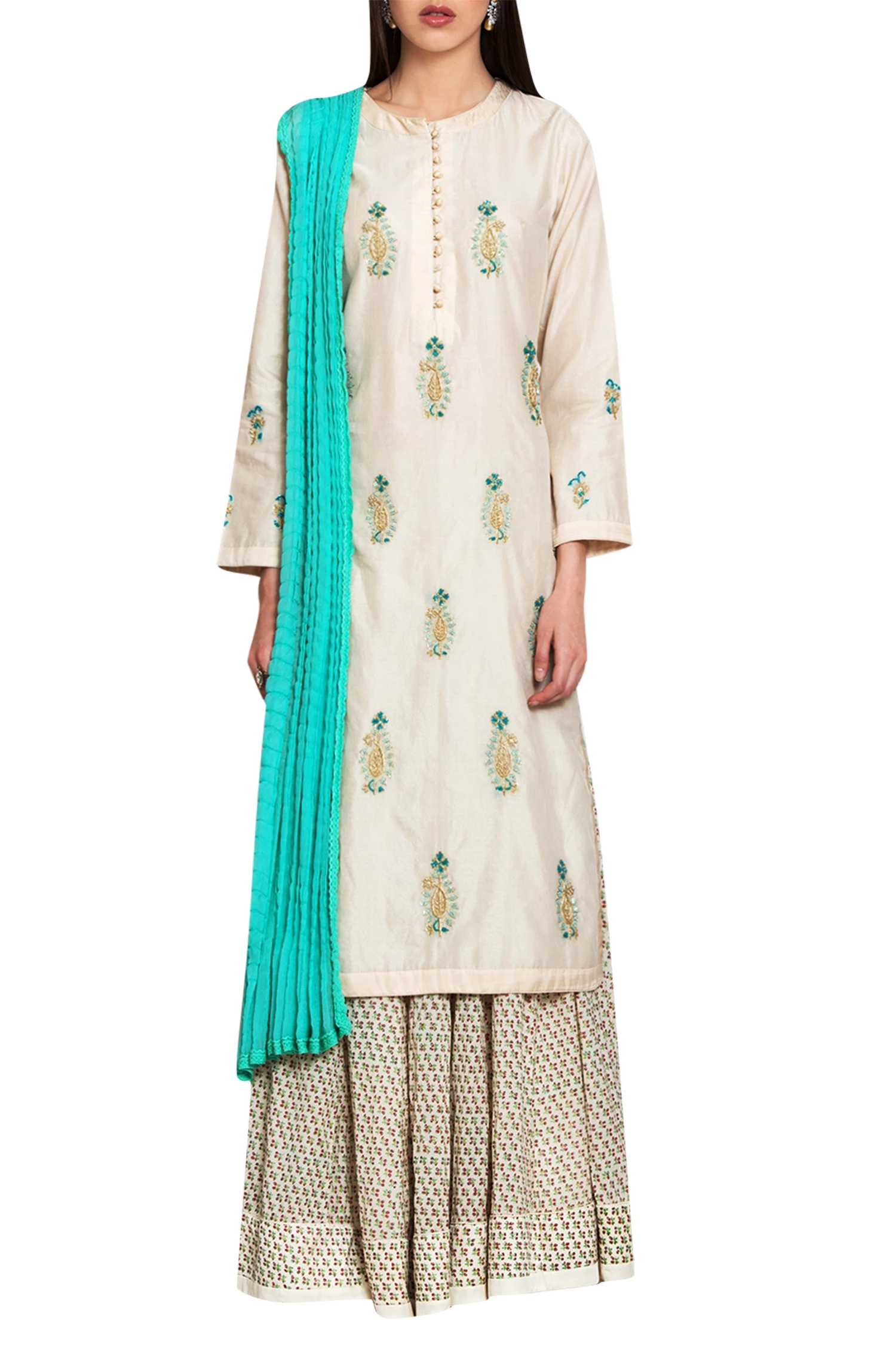 Off white blue chanderi and block printed silk work zardozi kurta with lehenga dupatta