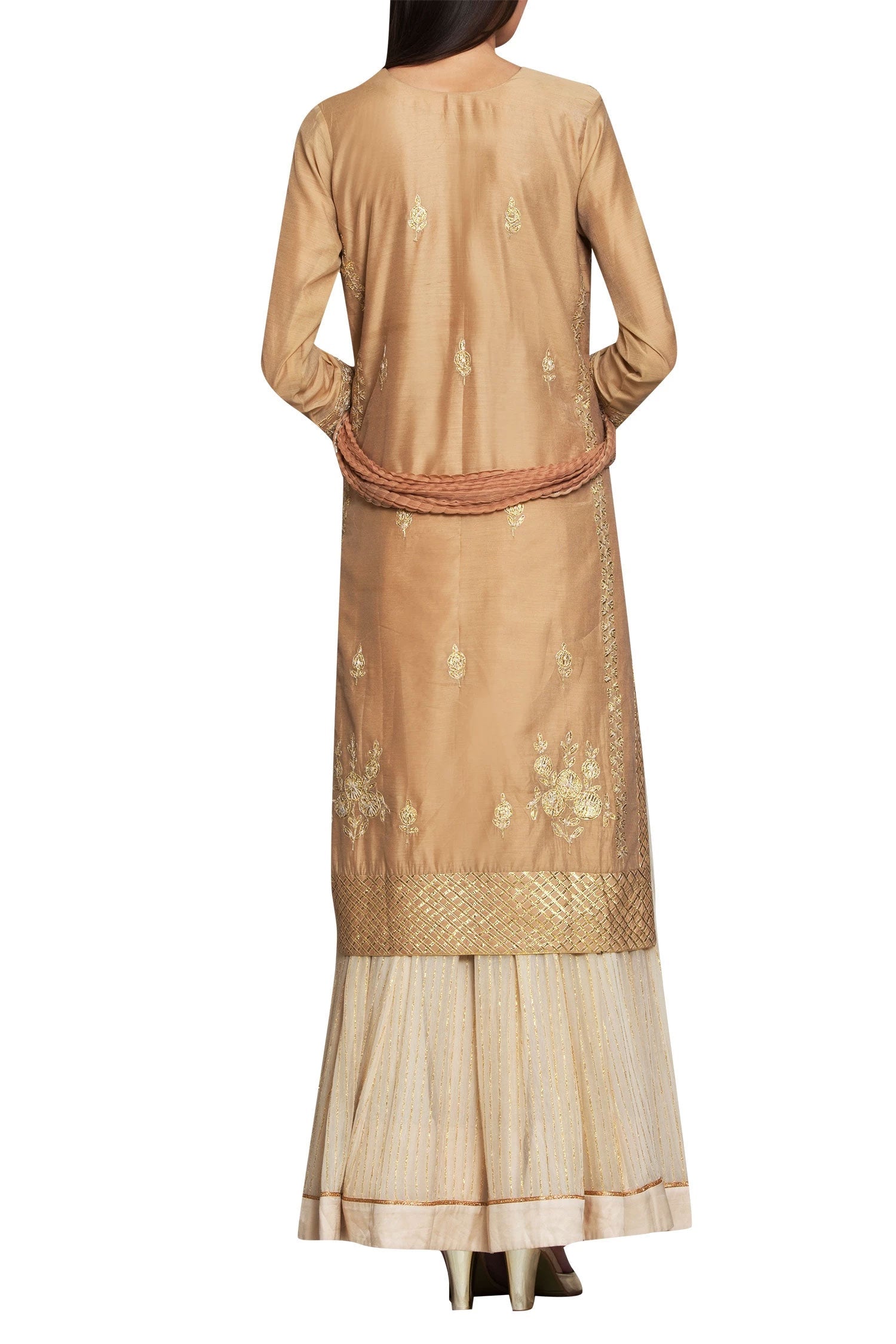 Beige chanderi and georgette gota thread embroidery kurta with lehenga and dupatta