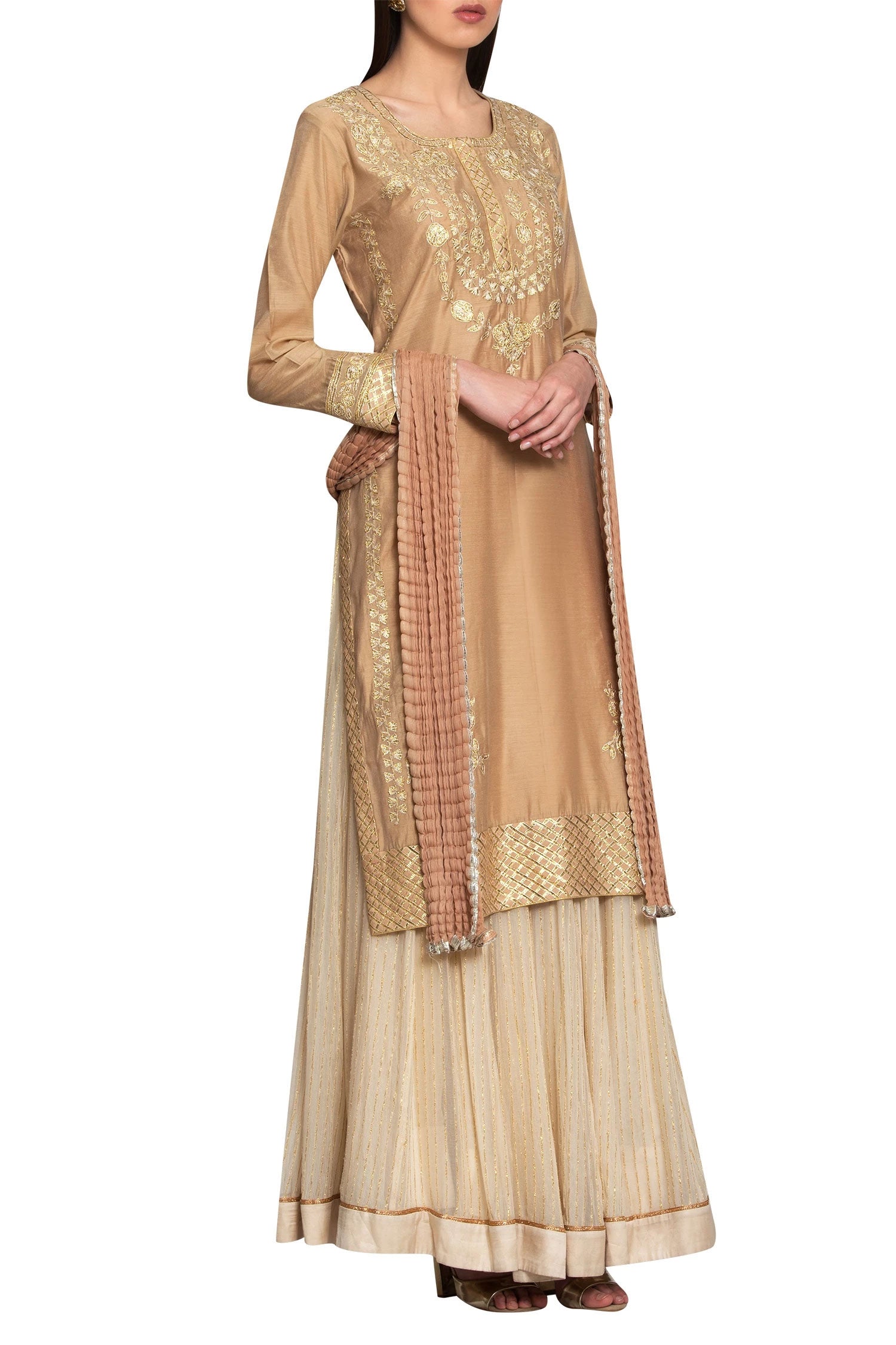 Beige chanderi and georgette gota thread embroidery kurta with lehenga and dupatta