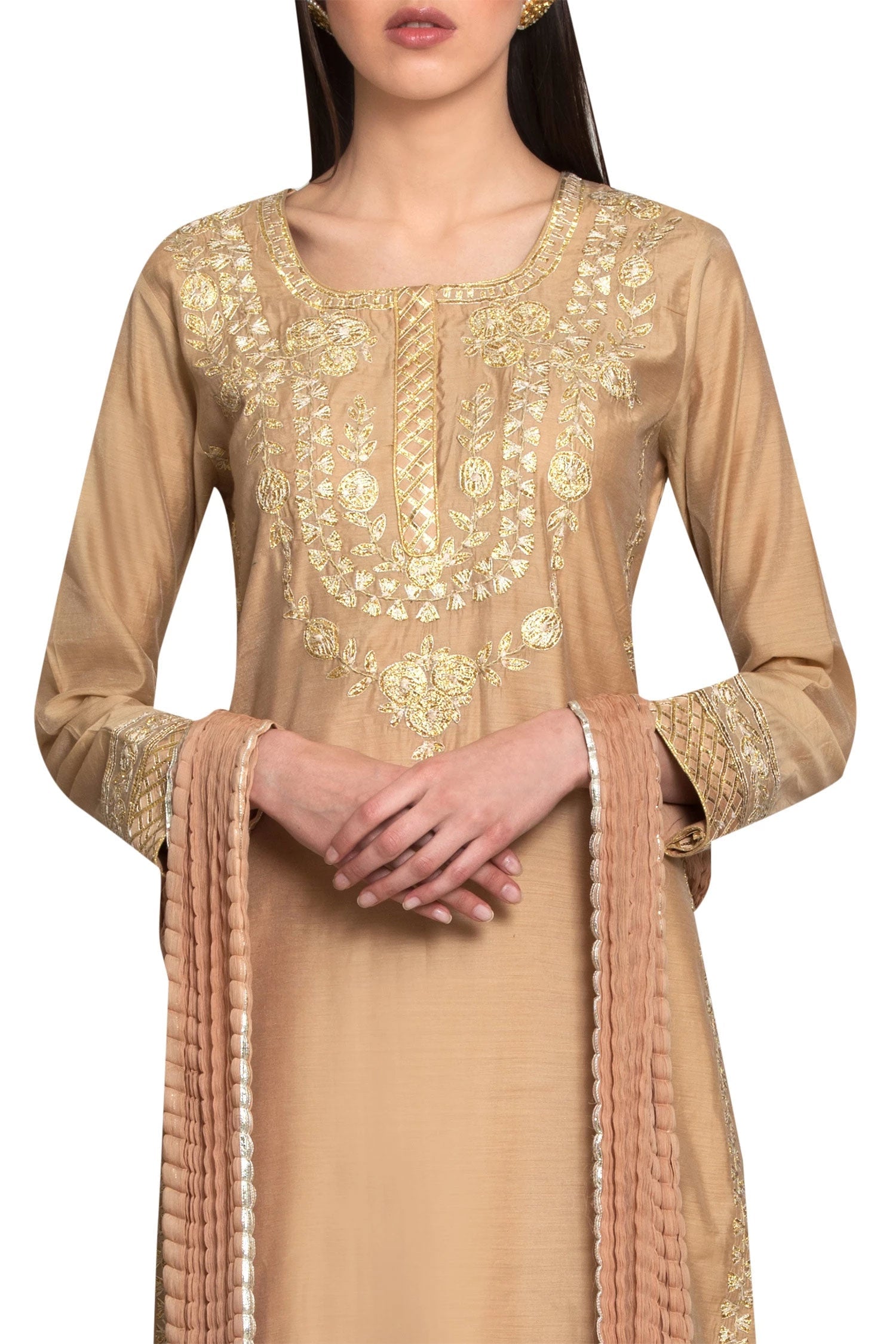 Beige chanderi and georgette gota thread embroidery kurta with lehenga and dupatta