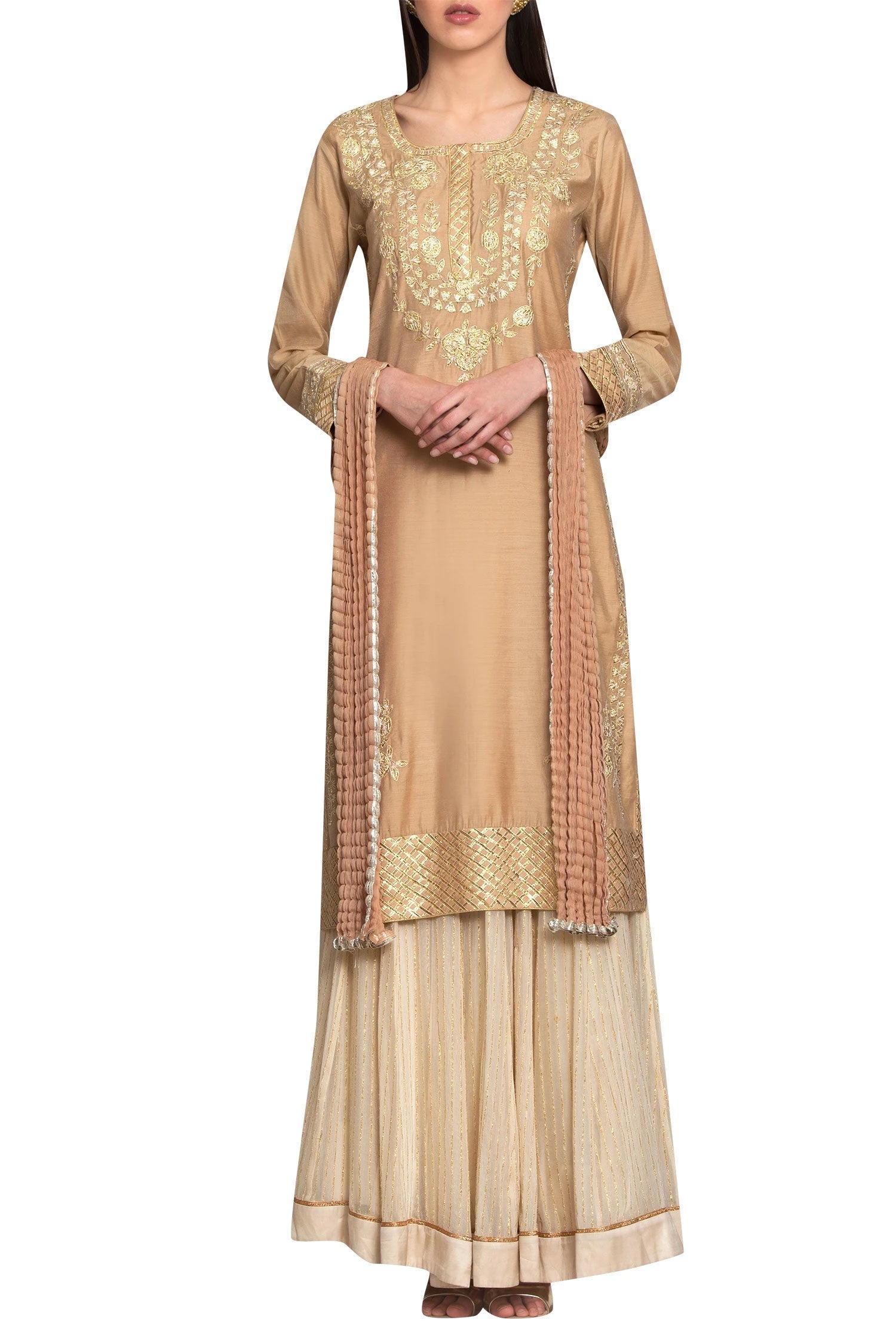 Beige chanderi and georgette gota thread embroidery kurta with lehenga and dupatta