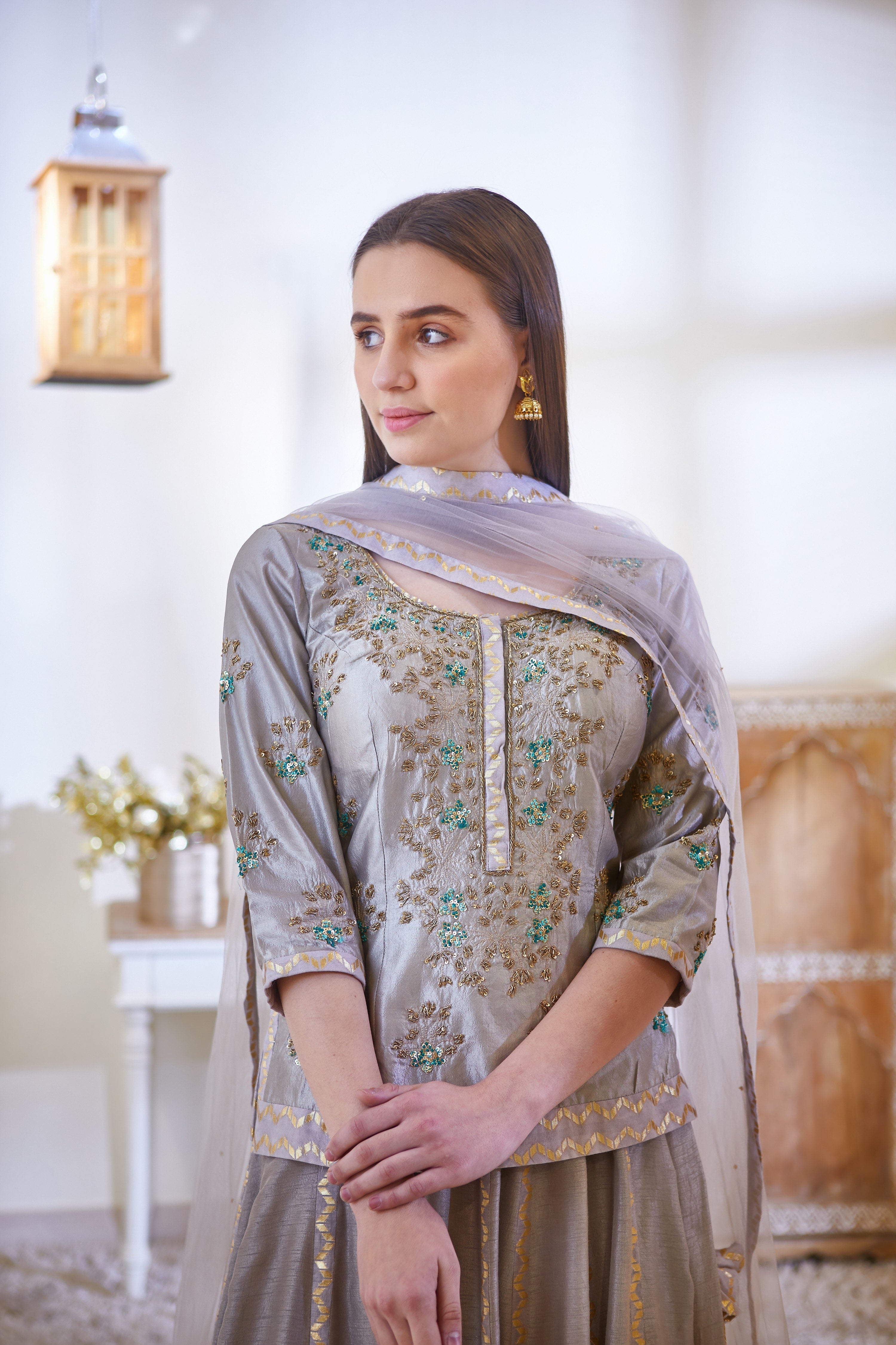 Silver Grey Kurta & Skirt Set