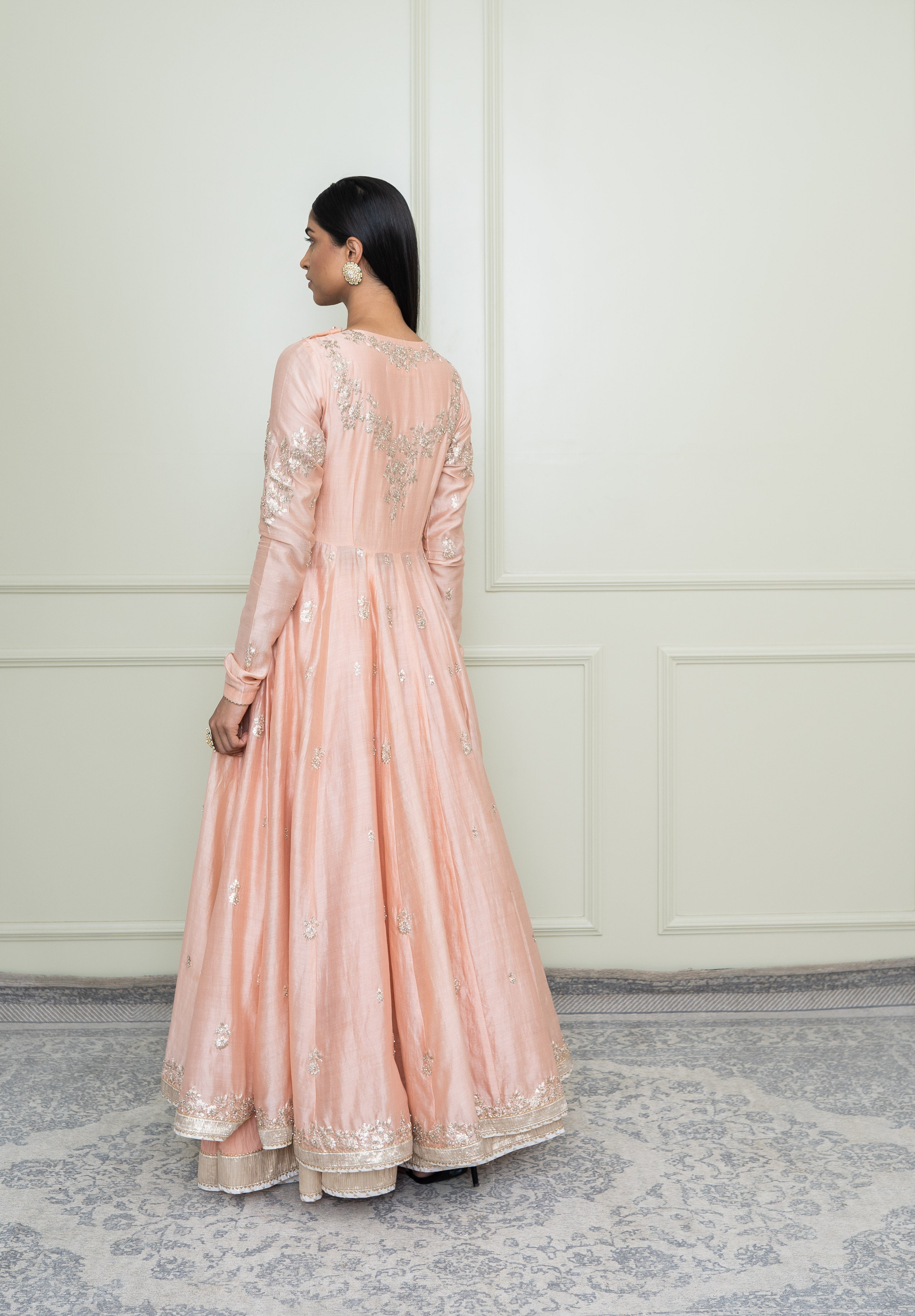 Taarini-Pearl Pink Tilla Embroidered Anarkali Set