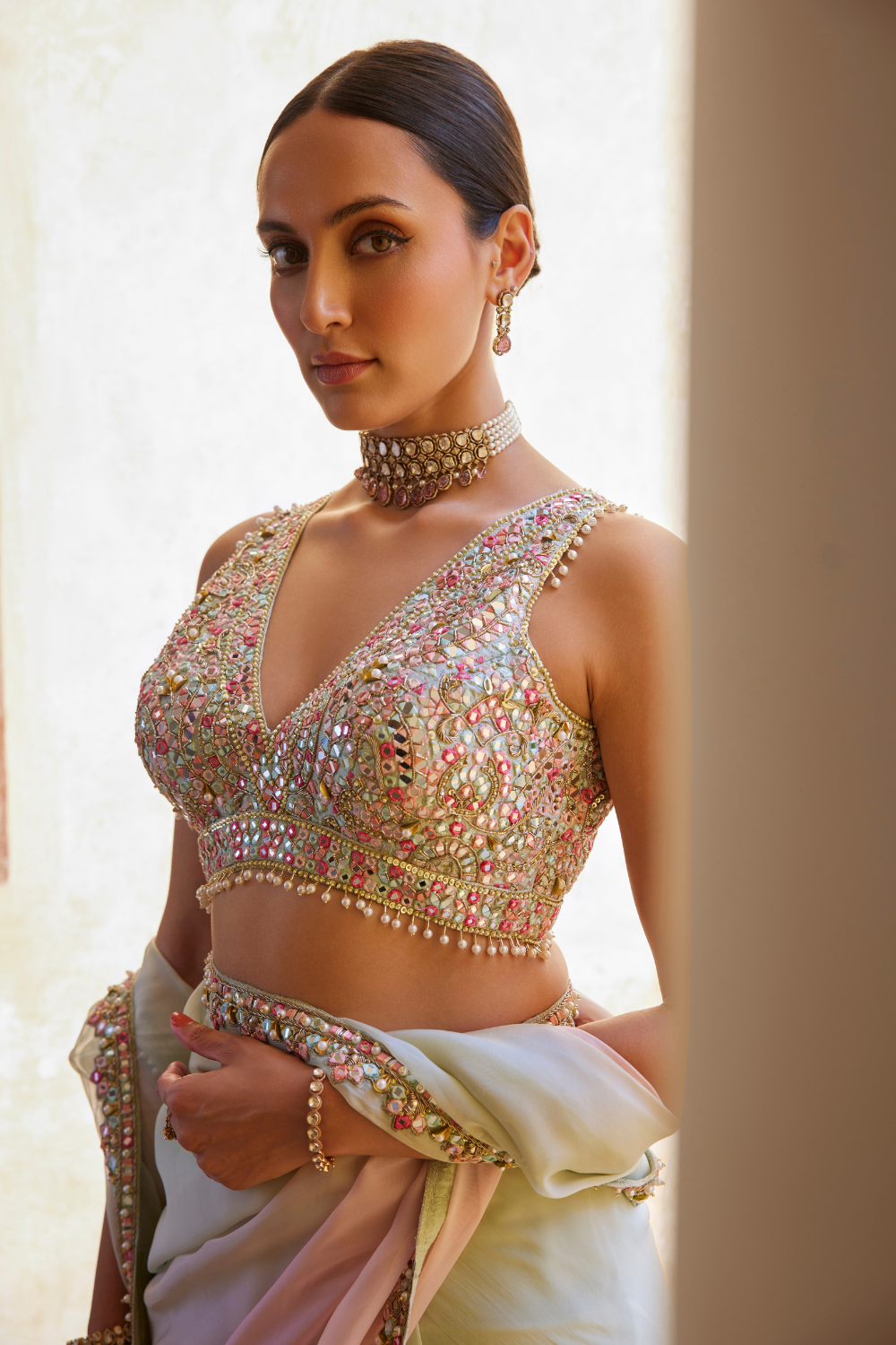 GREEN AND PINK OMBRE ORGANZA SAREE