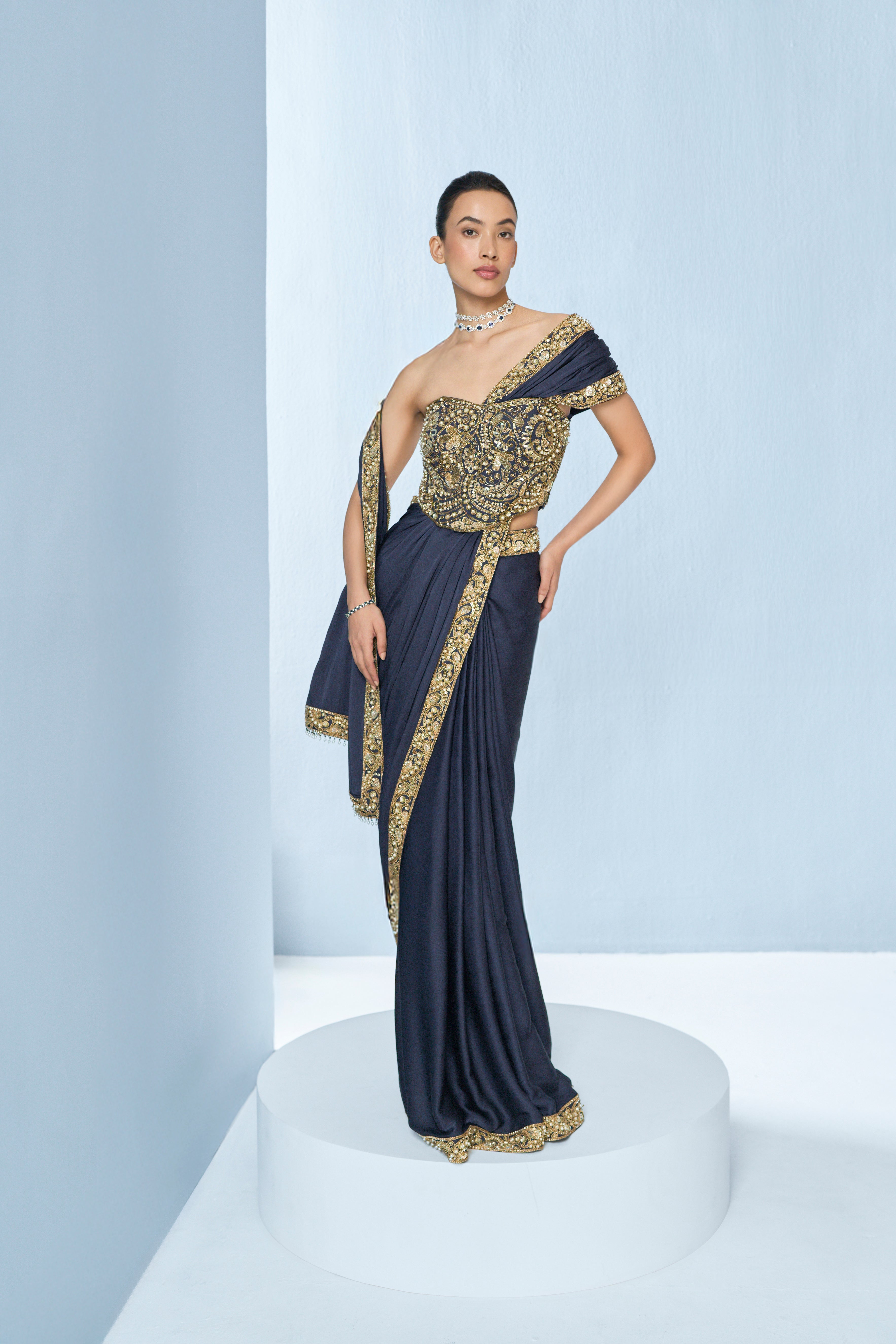 Midnight Blue Satin Saree And Corset Blouse