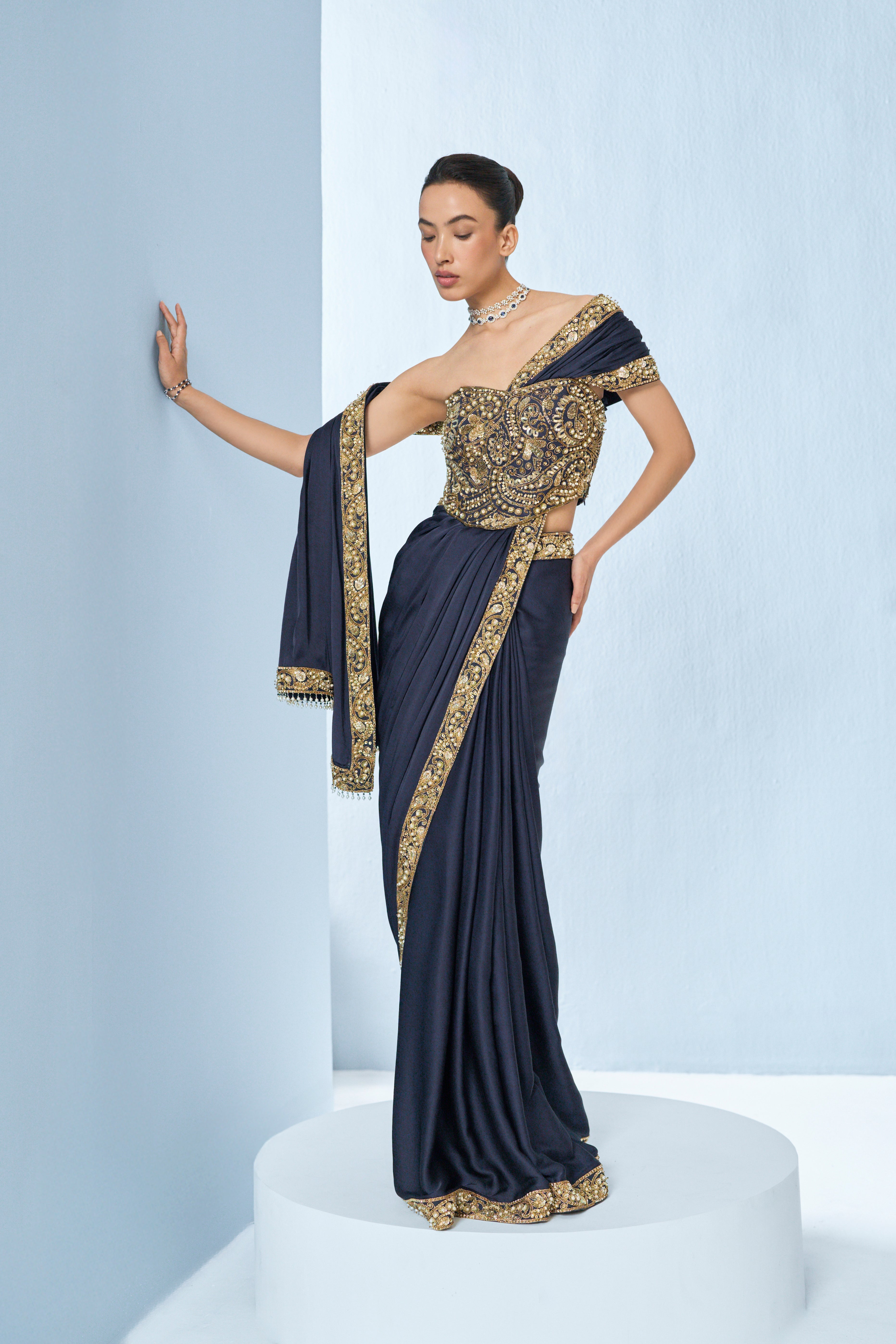 Midnight Blue Satin Saree And Corset Blouse