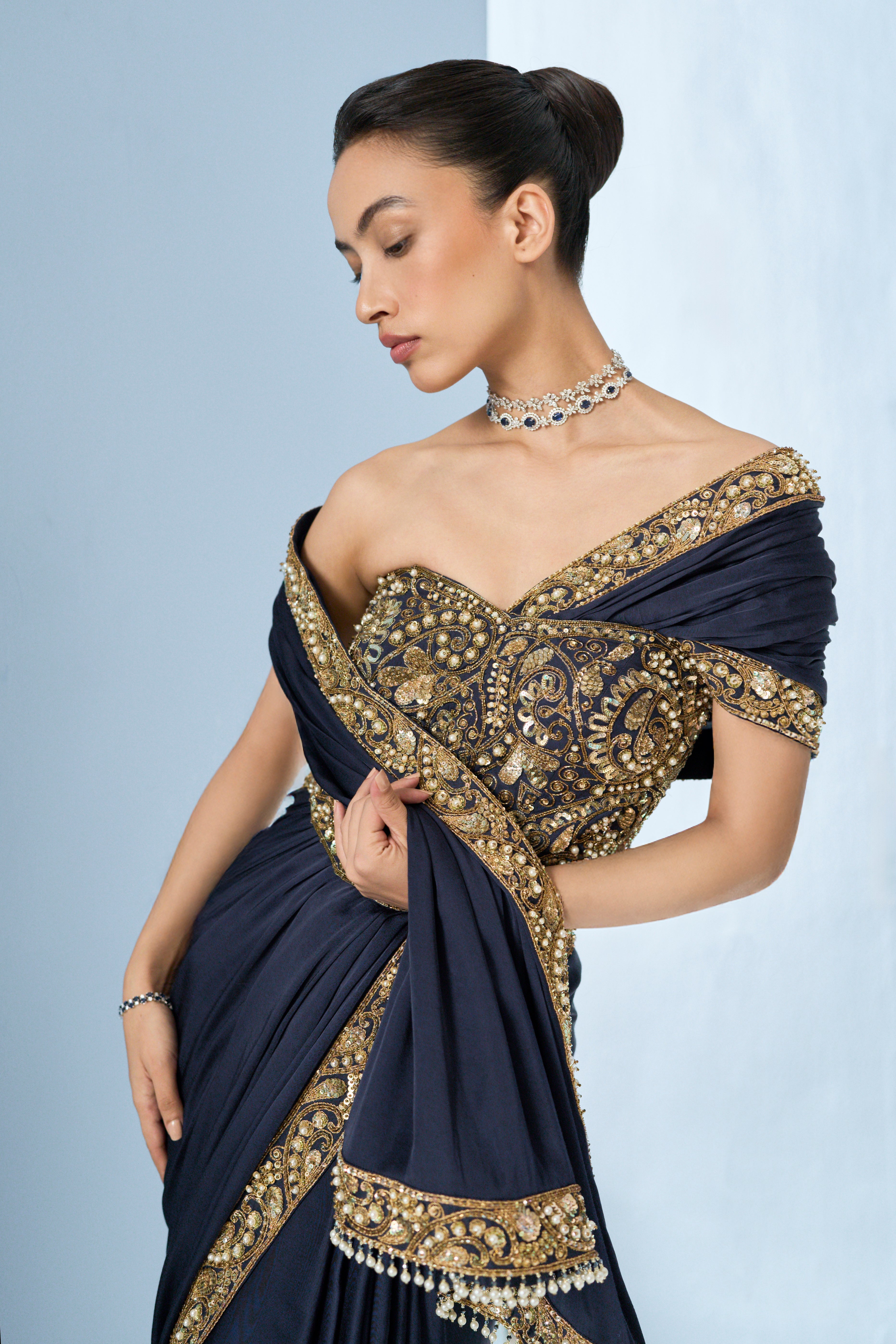 Midnight Blue Satin Saree And Corset Blouse