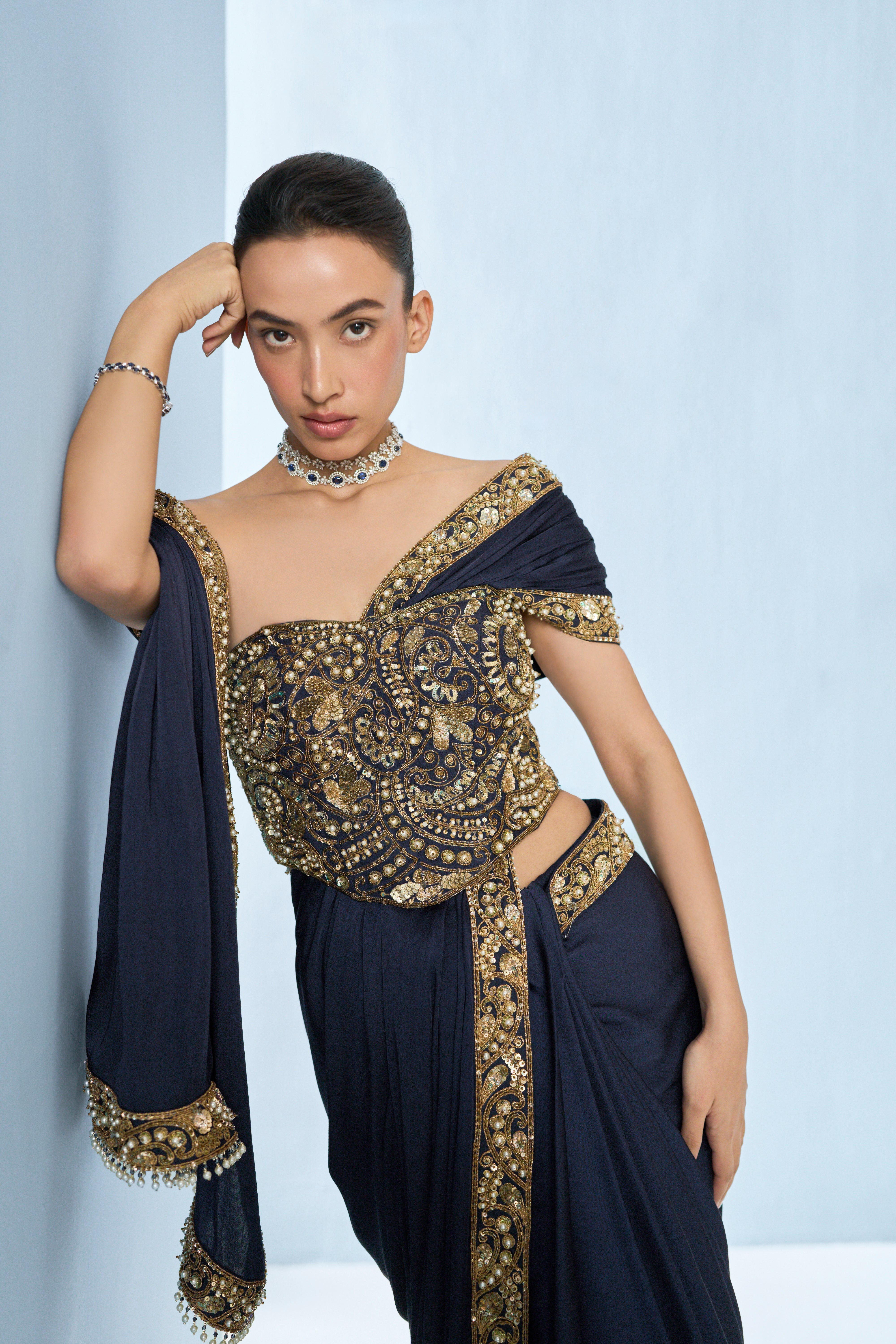 Midnight Blue Satin Saree And Corset Blouse
