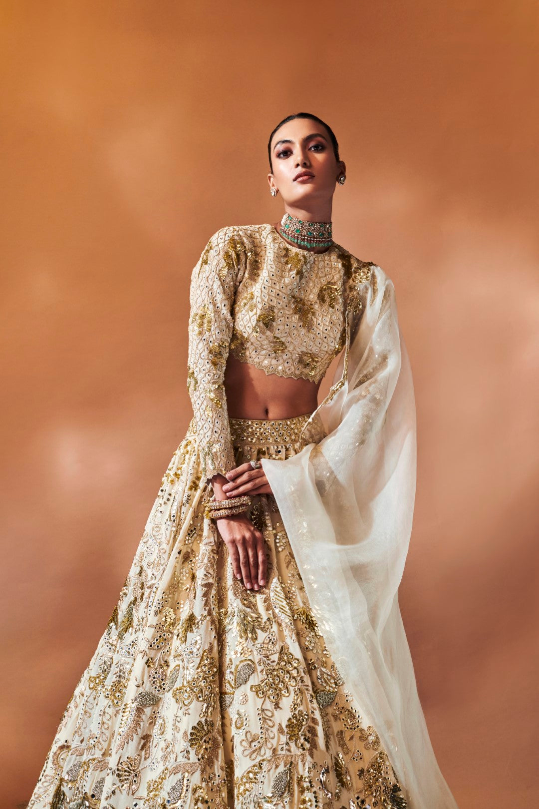 IVORY AND GOLD HEAVILY EMBROIDERED LEHENGA SET