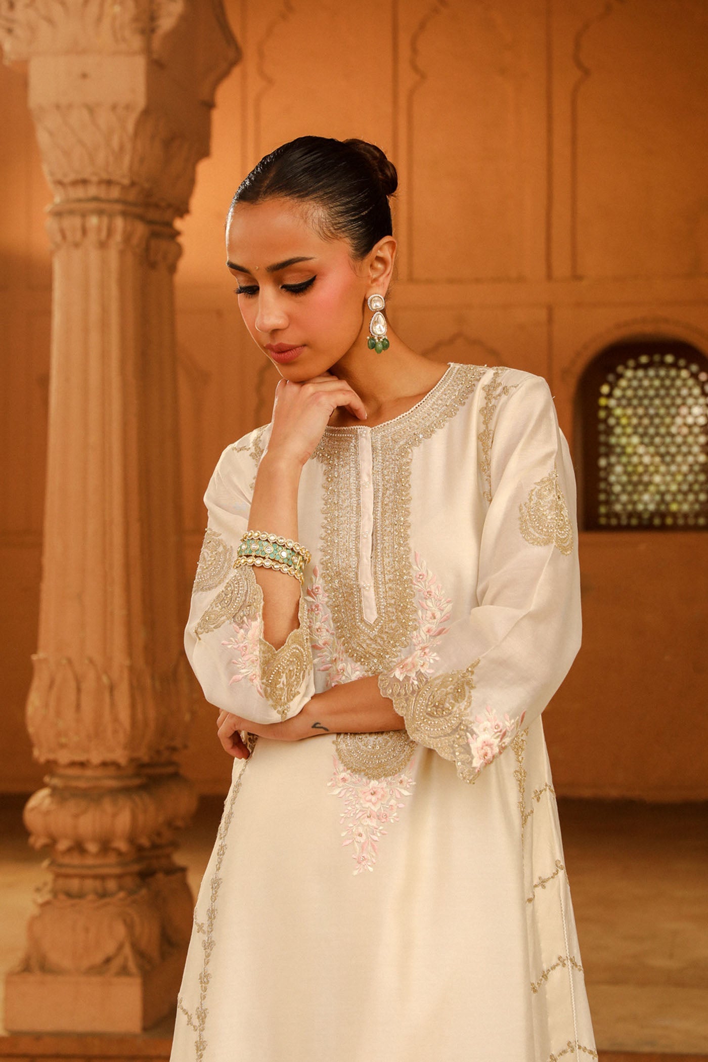 Yusra - Daisy Ivory Long kurta with palazzo and dupatta