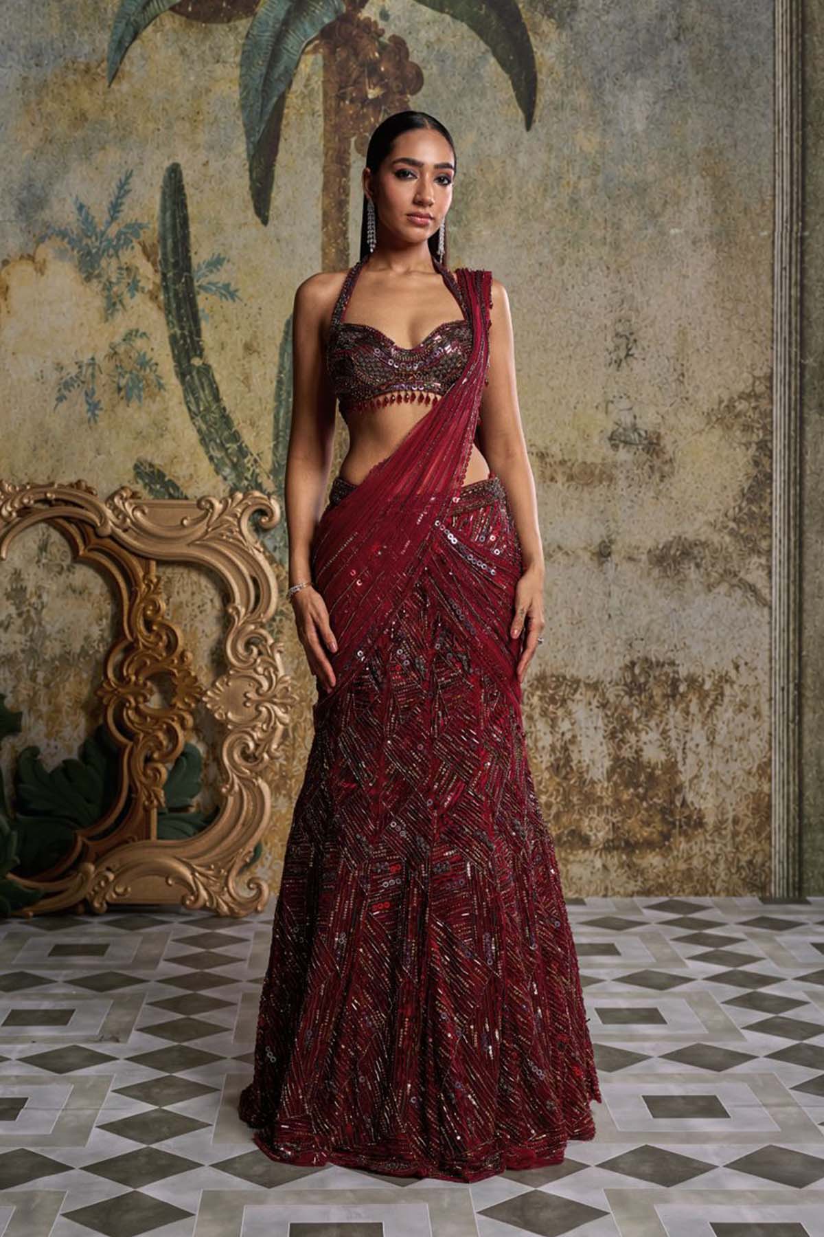 Maroon Abstract Embellished Saree Set