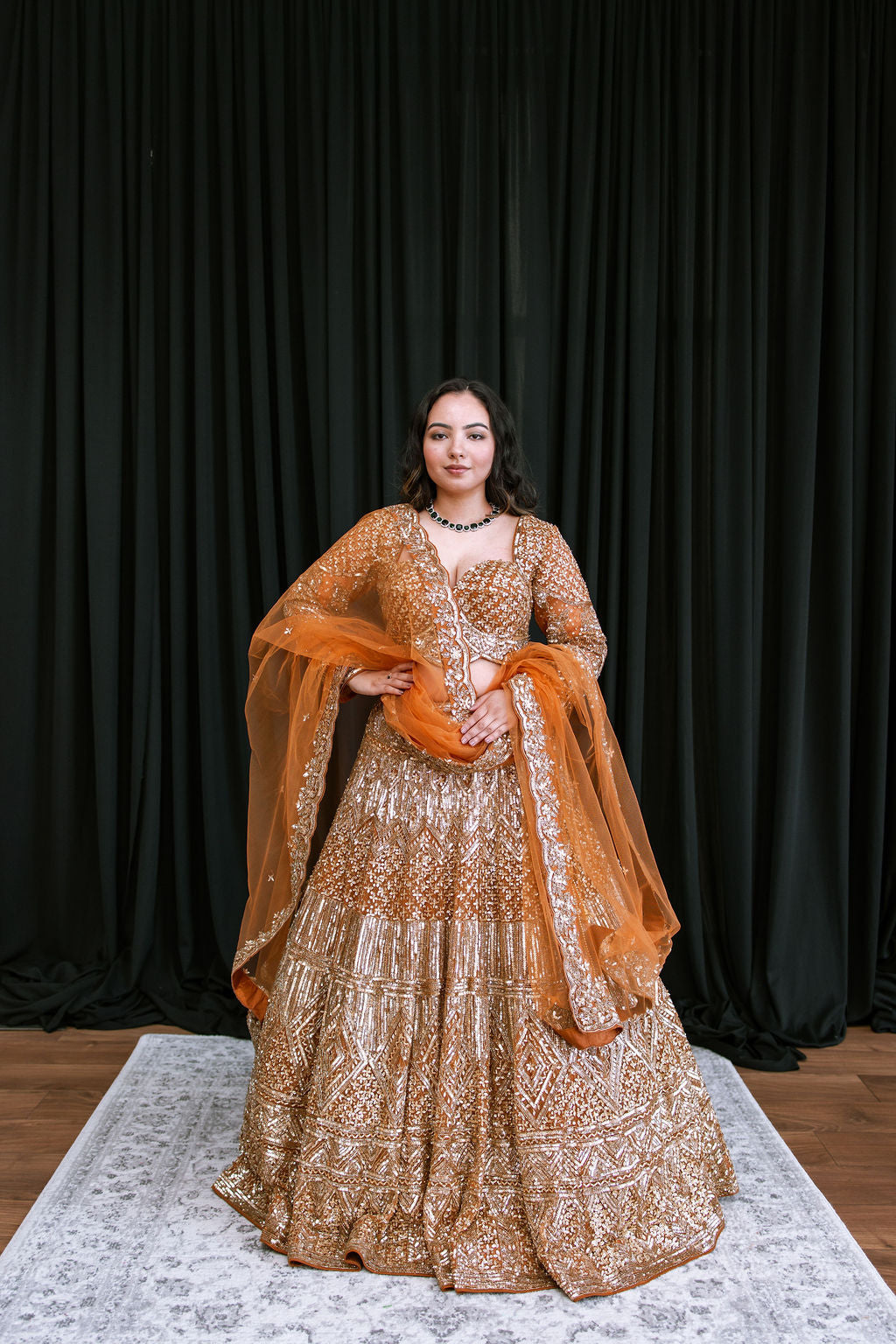 Rust Orange Sequin - Mila Bridal Lehenga - Ready To Ship