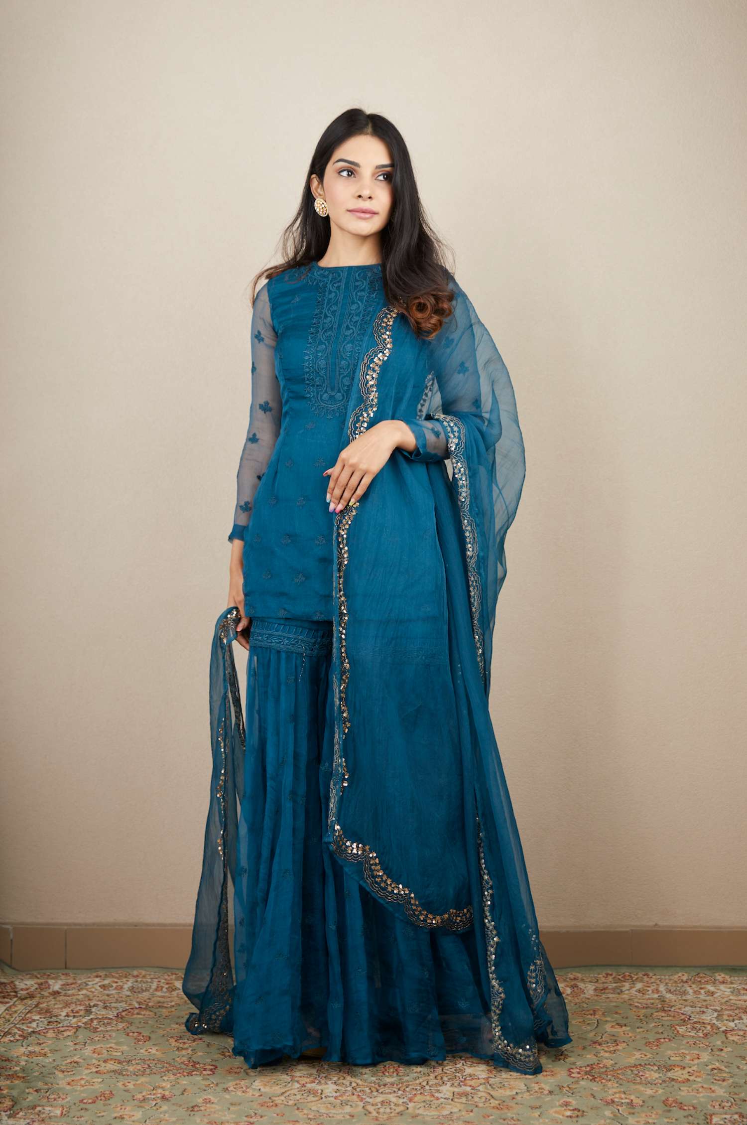 Teal Blue Thread Work Kurti Set
