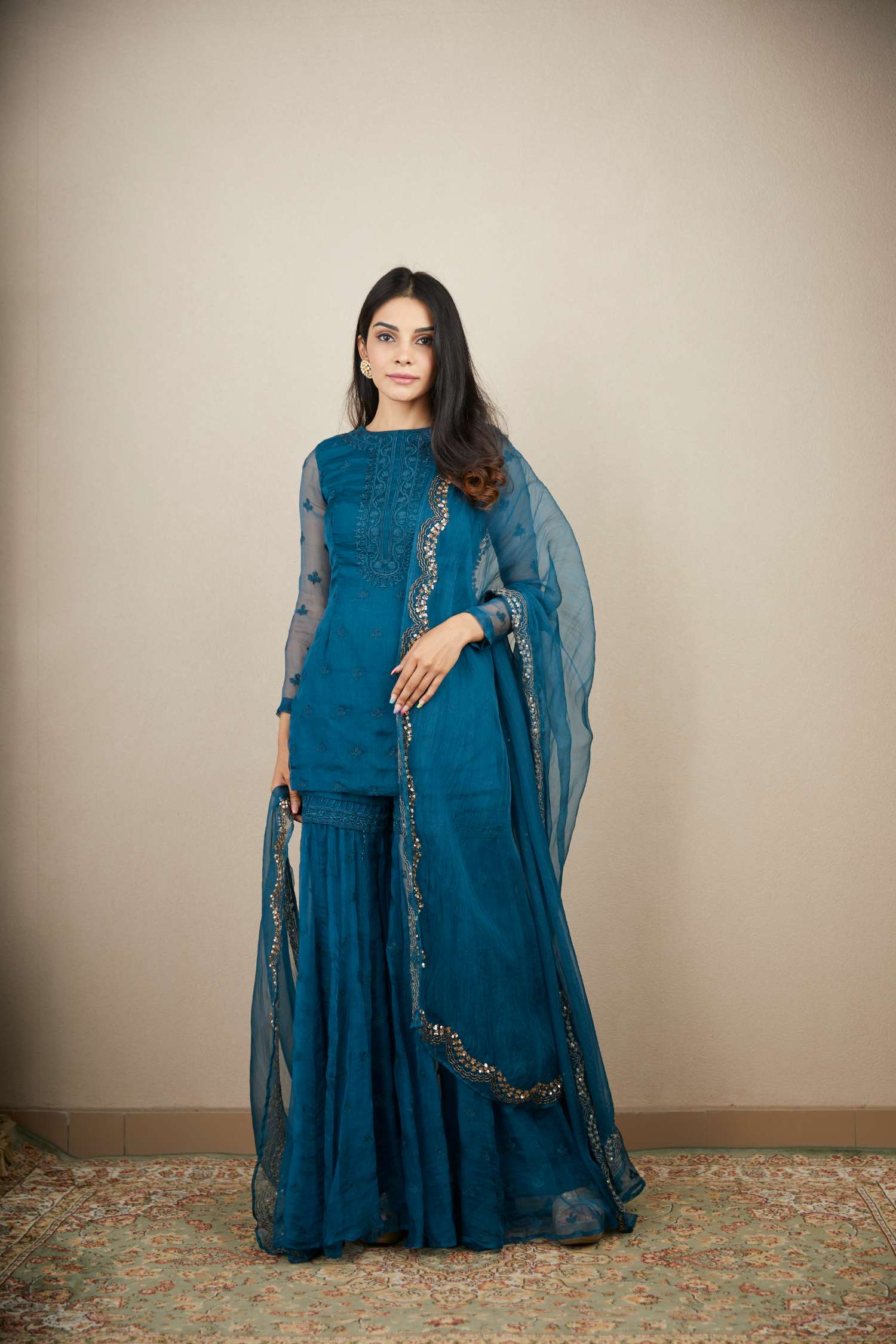Teal Blue Thread Work Kurti Set