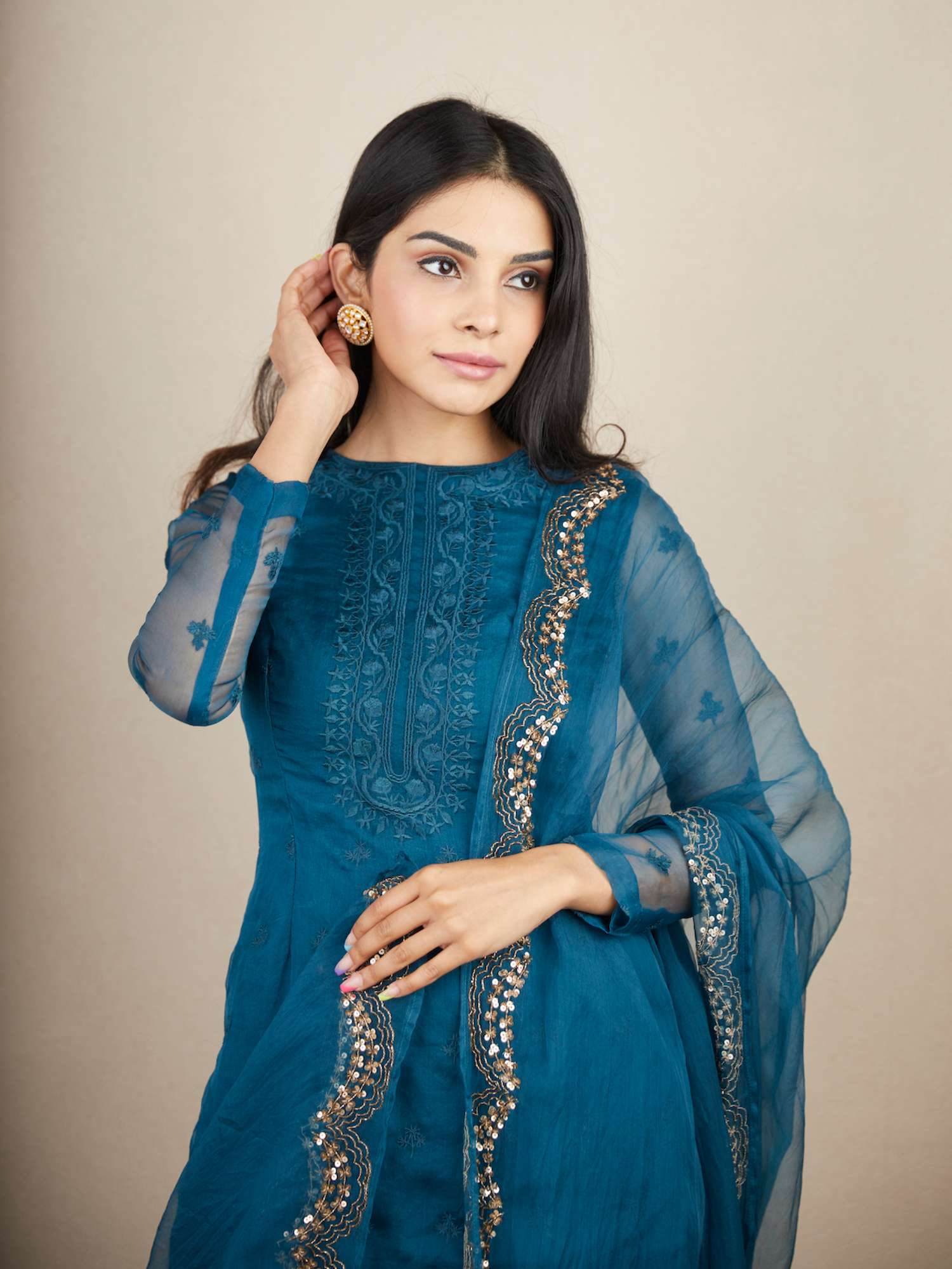 Teal Blue Thread Work Kurti Set