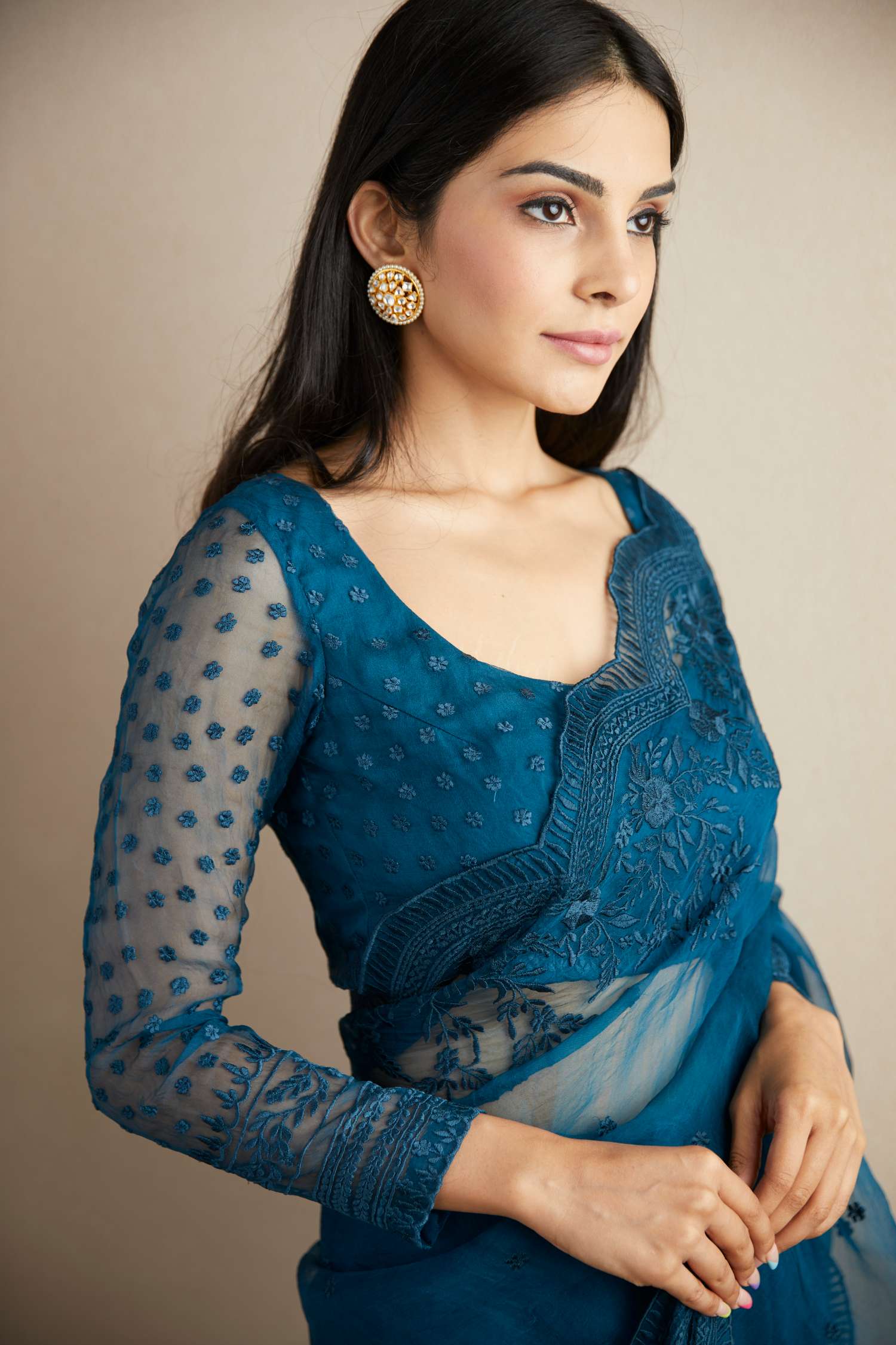 Teal Blue Thread Work Saree Set