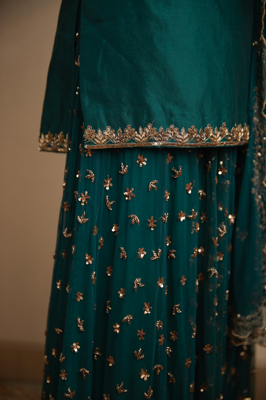 TEAL GREEN BOOTIE KURTI AND SHARARA SET