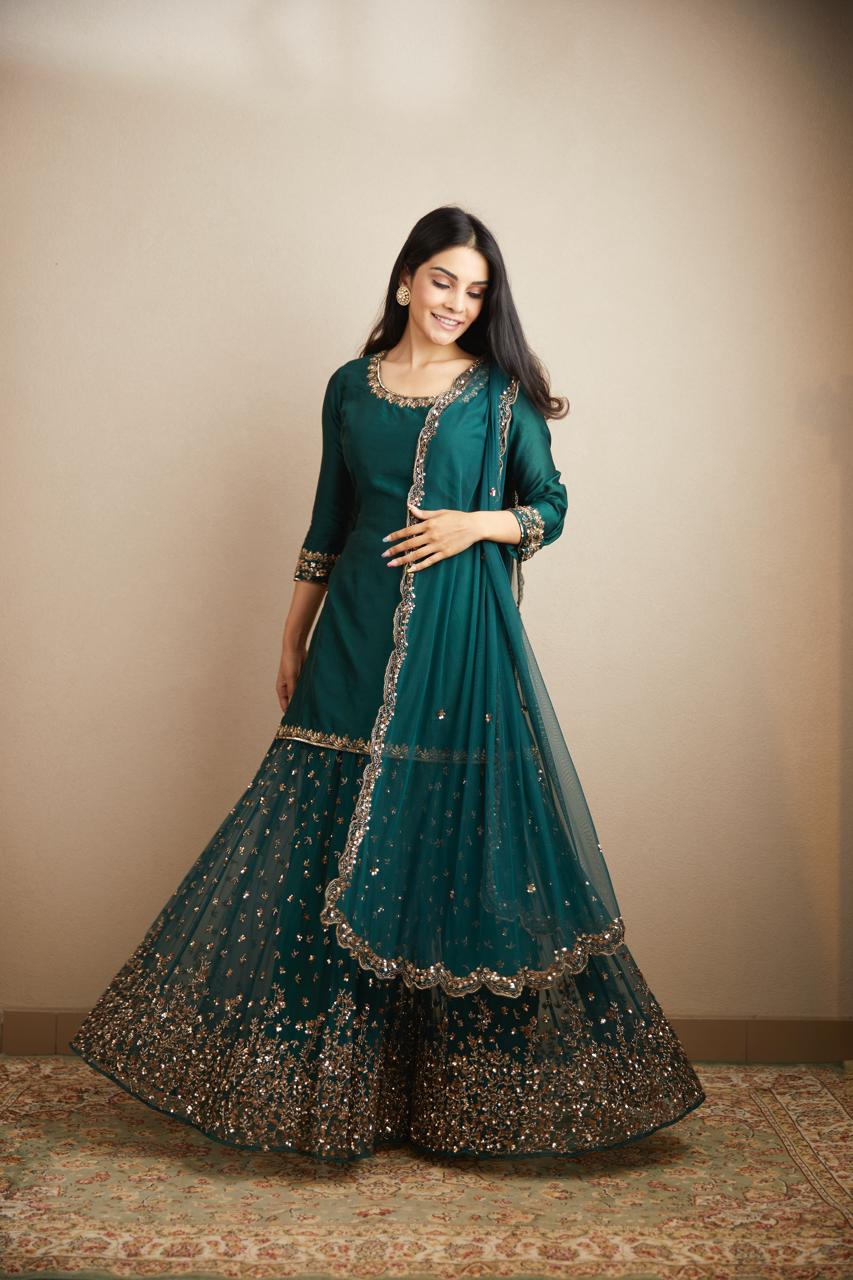 TEAL GREEN BOOTIE KURTI AND SHARARA SET