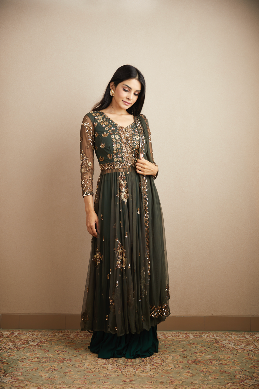 BOTTLE GREEN FRONT OPEN JACKET AND SHARARA SET