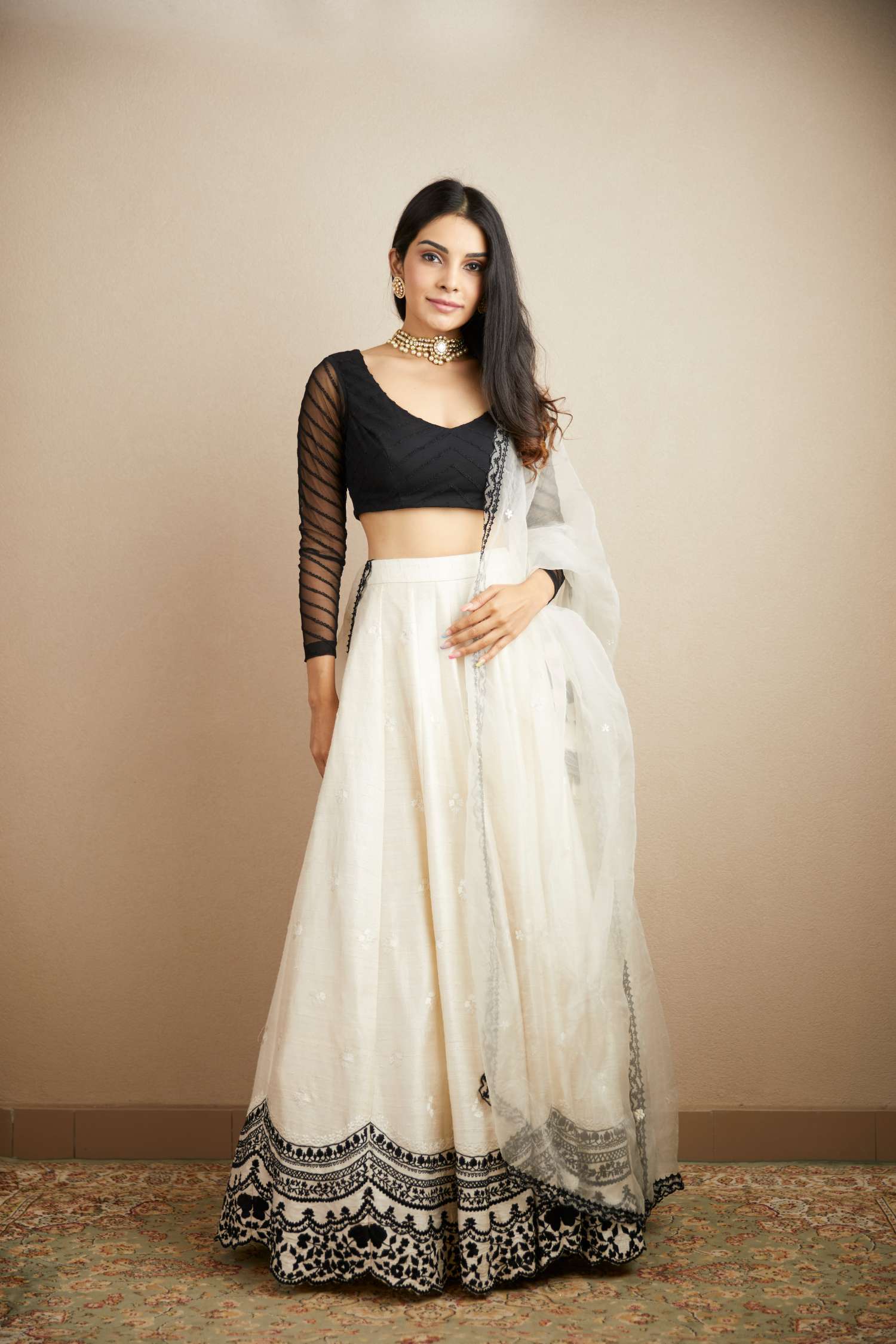 White Black Threadwork Lehenga Set