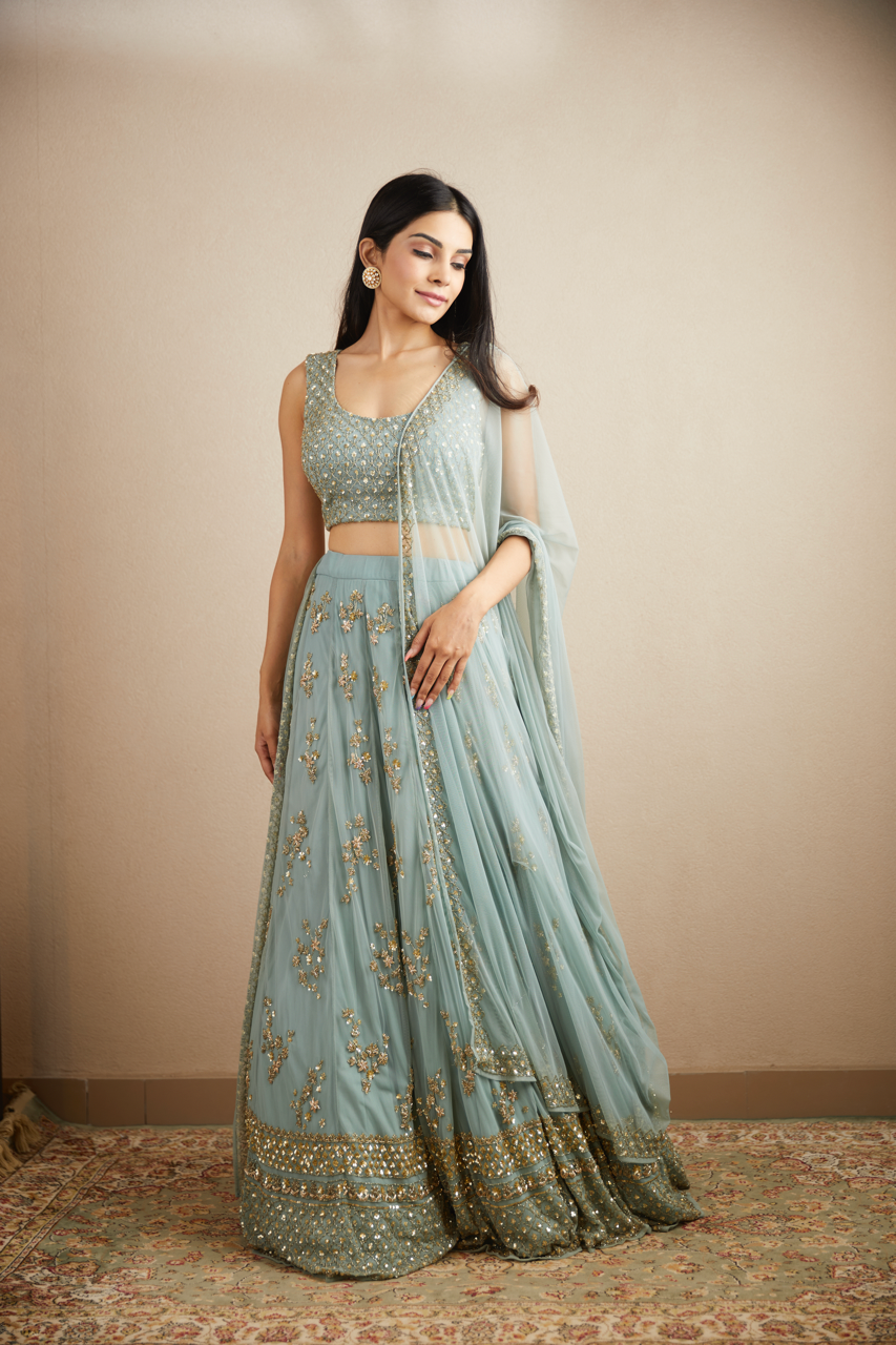 POWDER BLUE WITH GOLD BOOTIE WORK LEHENGA SET