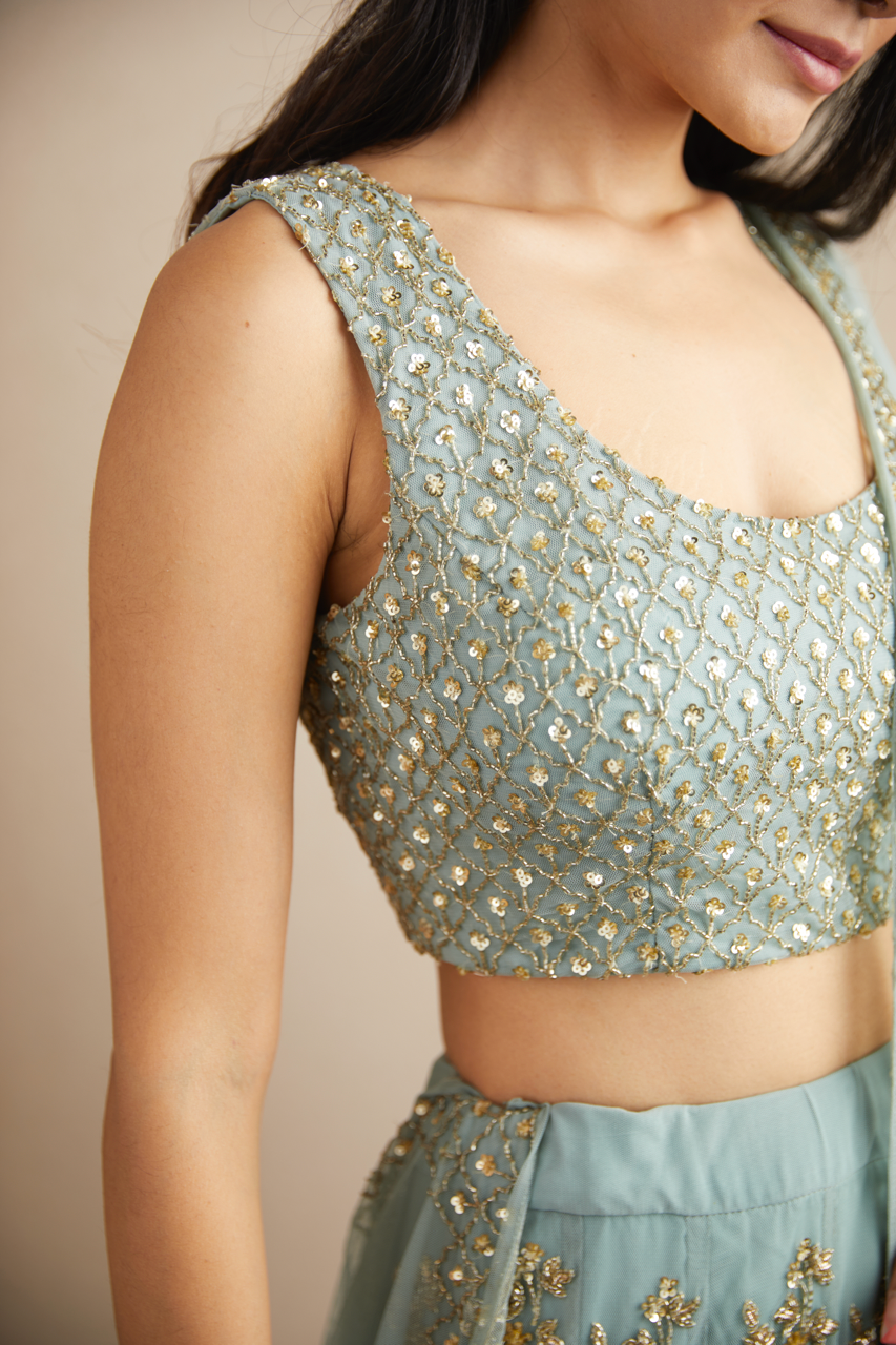 POWDER BLUE WITH GOLD BOOTIE WORK LEHENGA SET