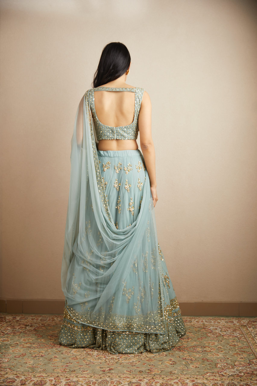 POWDER BLUE WITH GOLD BOOTIE WORK LEHENGA SET