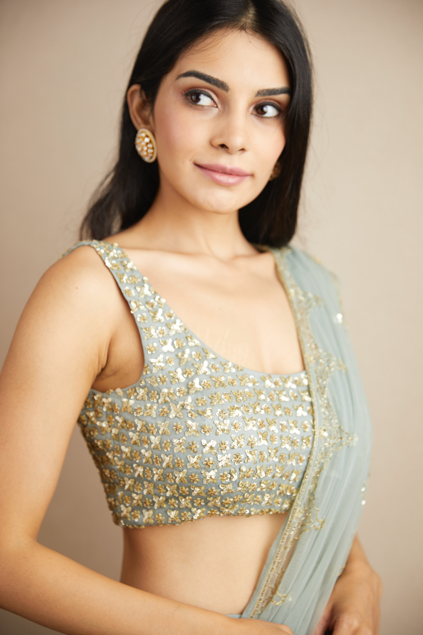 POWDER BLUE WITH GOLD BOOTIE WORK LEHENGA SET