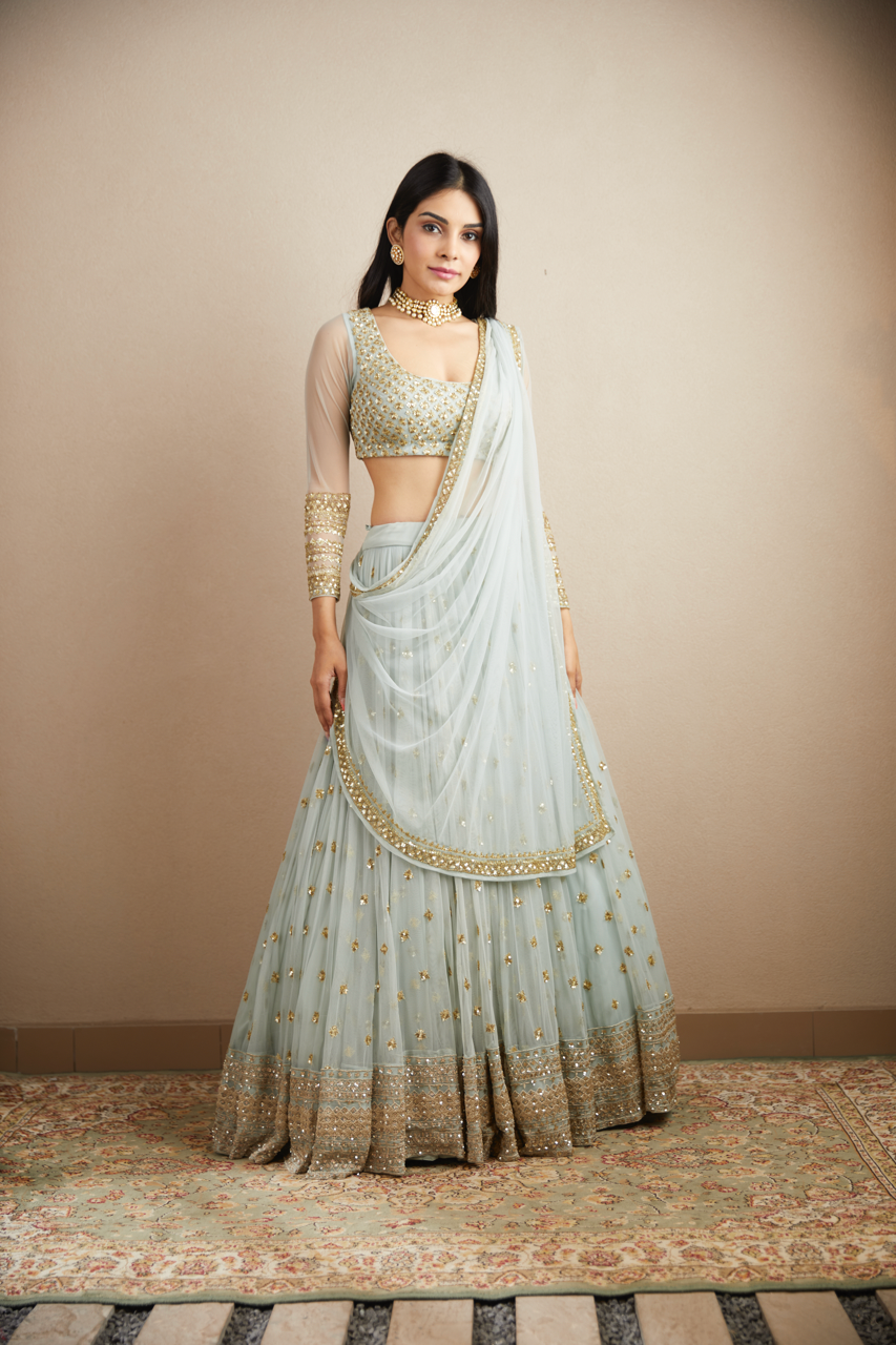POWDER BLUE WITH GOLD BOOTIE WORK LEHENGA SET