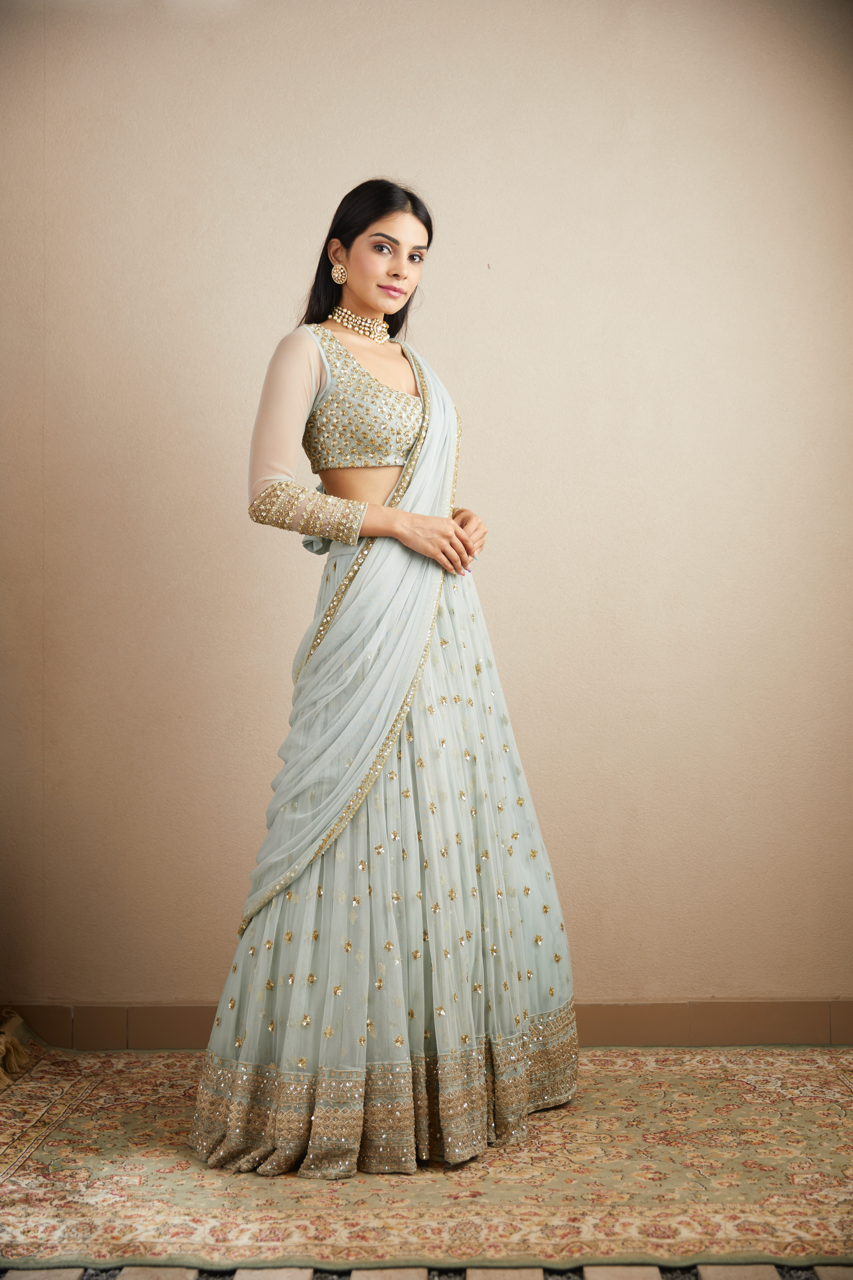 POWDER BLUE WITH GOLD BOOTIE WORK LEHENGA SET