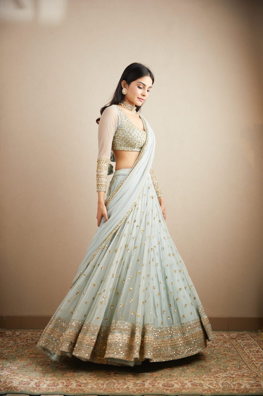 POWDER BLUE WITH GOLD BOOTIE WORK LEHENGA SET