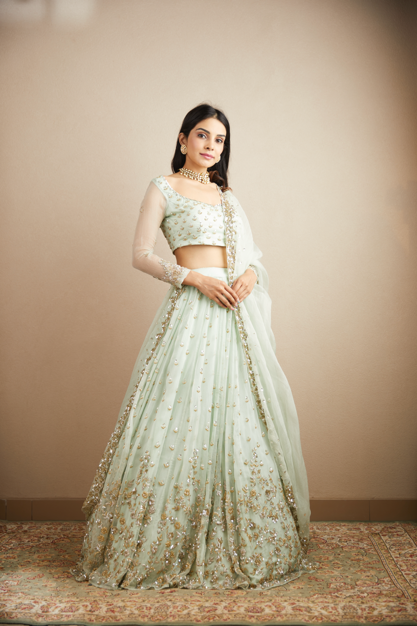 POWDER BLUE WITH GOLD BOOTIE WORK LEHENGA SET
