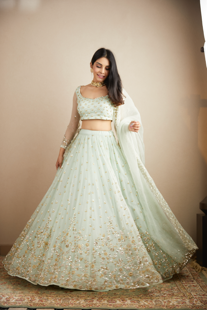 POWDER BLUE WITH GOLD BOOTIE WORK LEHENGA SET