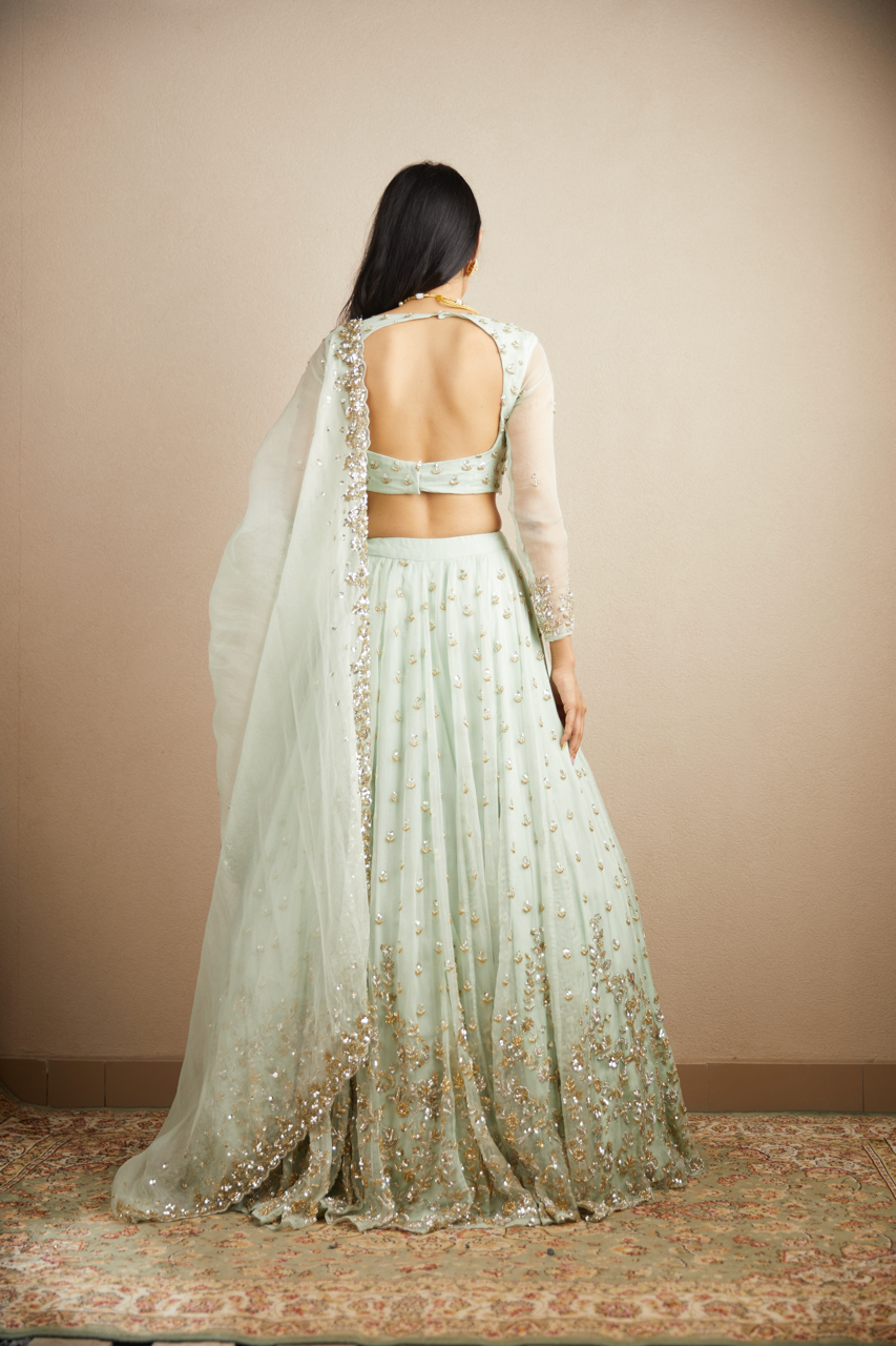 POWDER BLUE WITH GOLD BOOTIE WORK LEHENGA SET