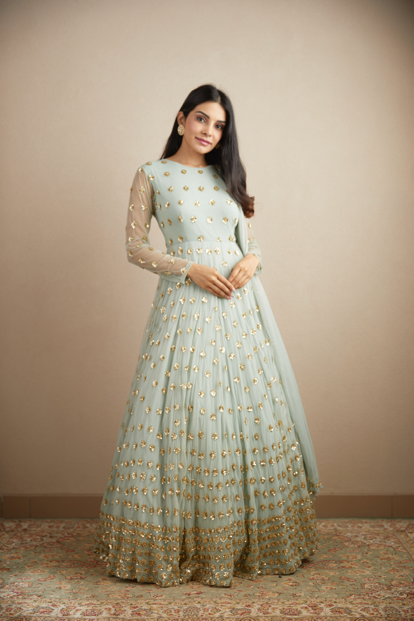 POWDER BLUE WITH GOLD BOOTIE WORK ANARKALI SET