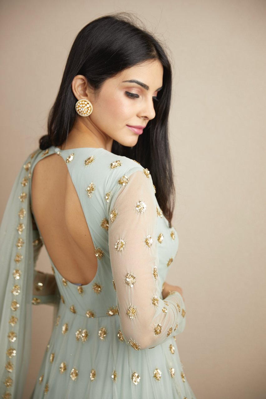 POWDER BLUE WITH GOLD BOOTIE WORK ANARKALI SET