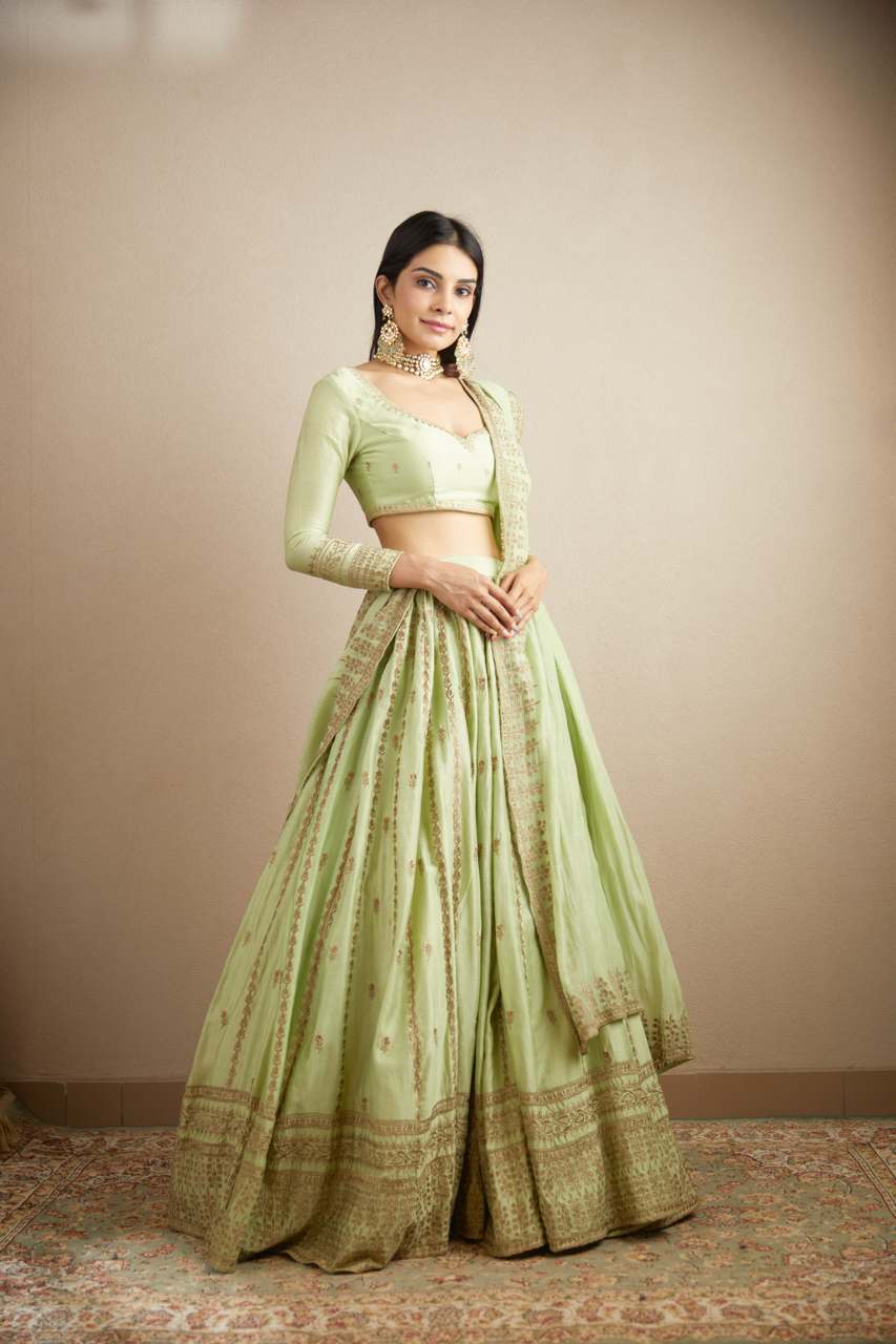 MINT CHANDERI SILK LINE WORK LEHENGA SET